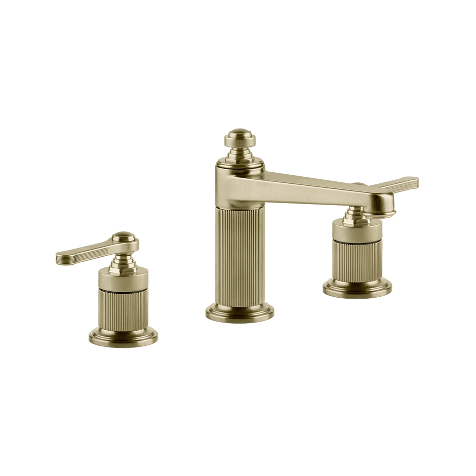 Gessi Venti20 Medium 3-Hole Basin Mixer in brass brushed finish, supplied by Deluxe Bathrooms.