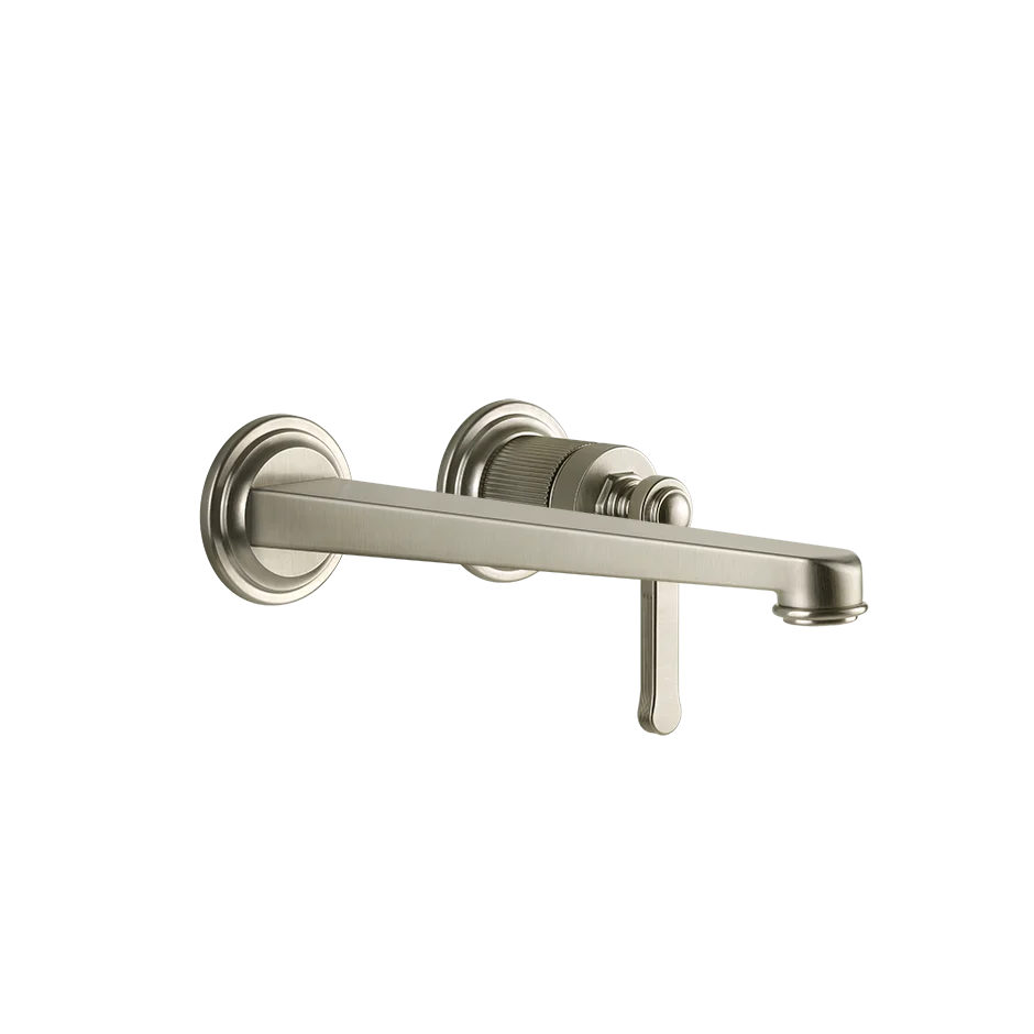 Gessi Venti20 Wall Mounted 2-Hole Long Spout Basin Mixer in finox brushed nickel finish, supplied by Deluxe Bathrooms.
