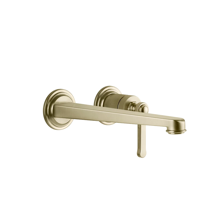 Gessi Venti20 Wall Mounted 2-Hole Long Spout Basin Mixer in brass brushed finish, supplied by Deluxe Bathrooms.