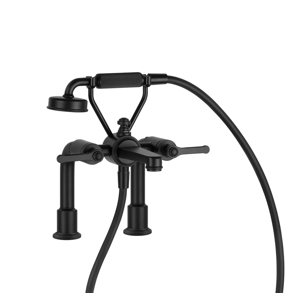 Gessi Venti20 Deck Mounted 2-Hole Bath-Shower Mixer in matt black, supplied by Deluxe Bathrooms.