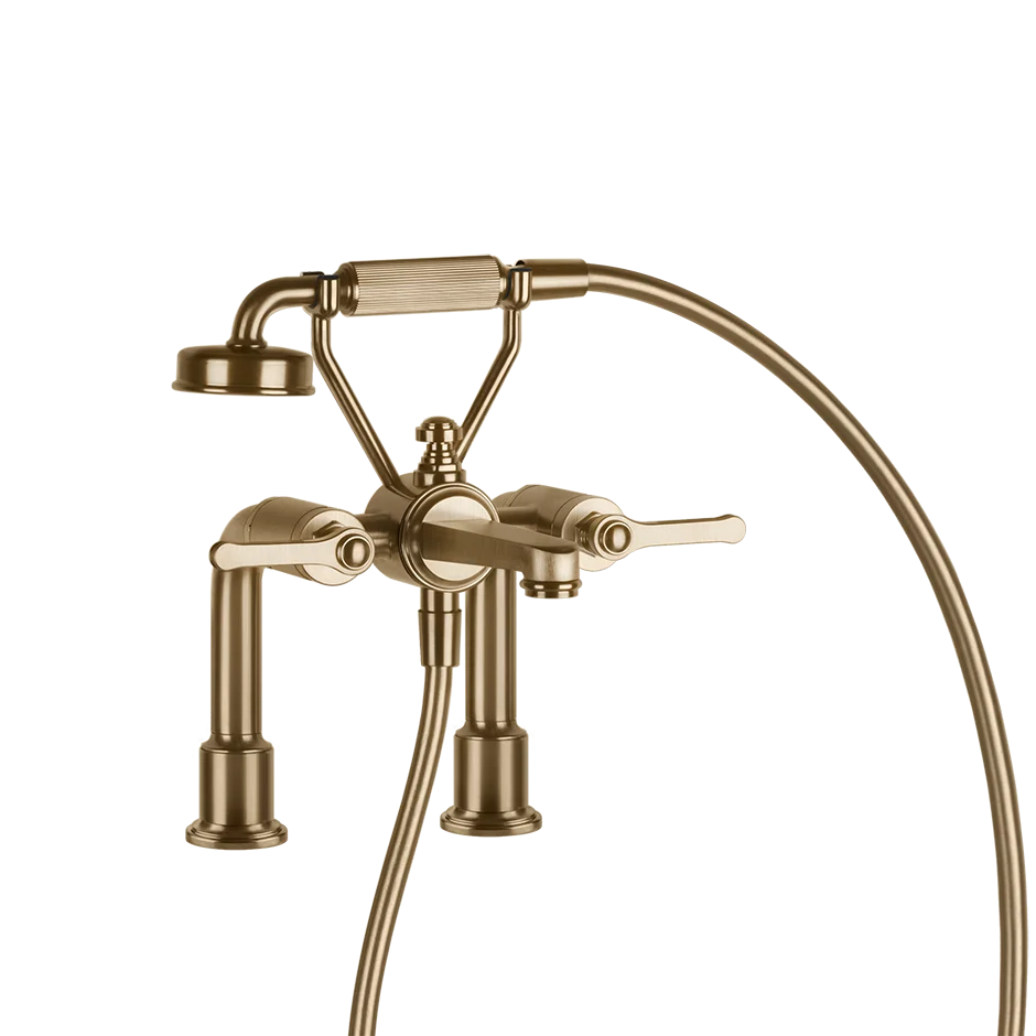 Gessi Venti20 Deck Mounted 2-Hole Bath-Shower Mixer in warm bronze brushed finish, supplied by Deluxe Bathrooms.