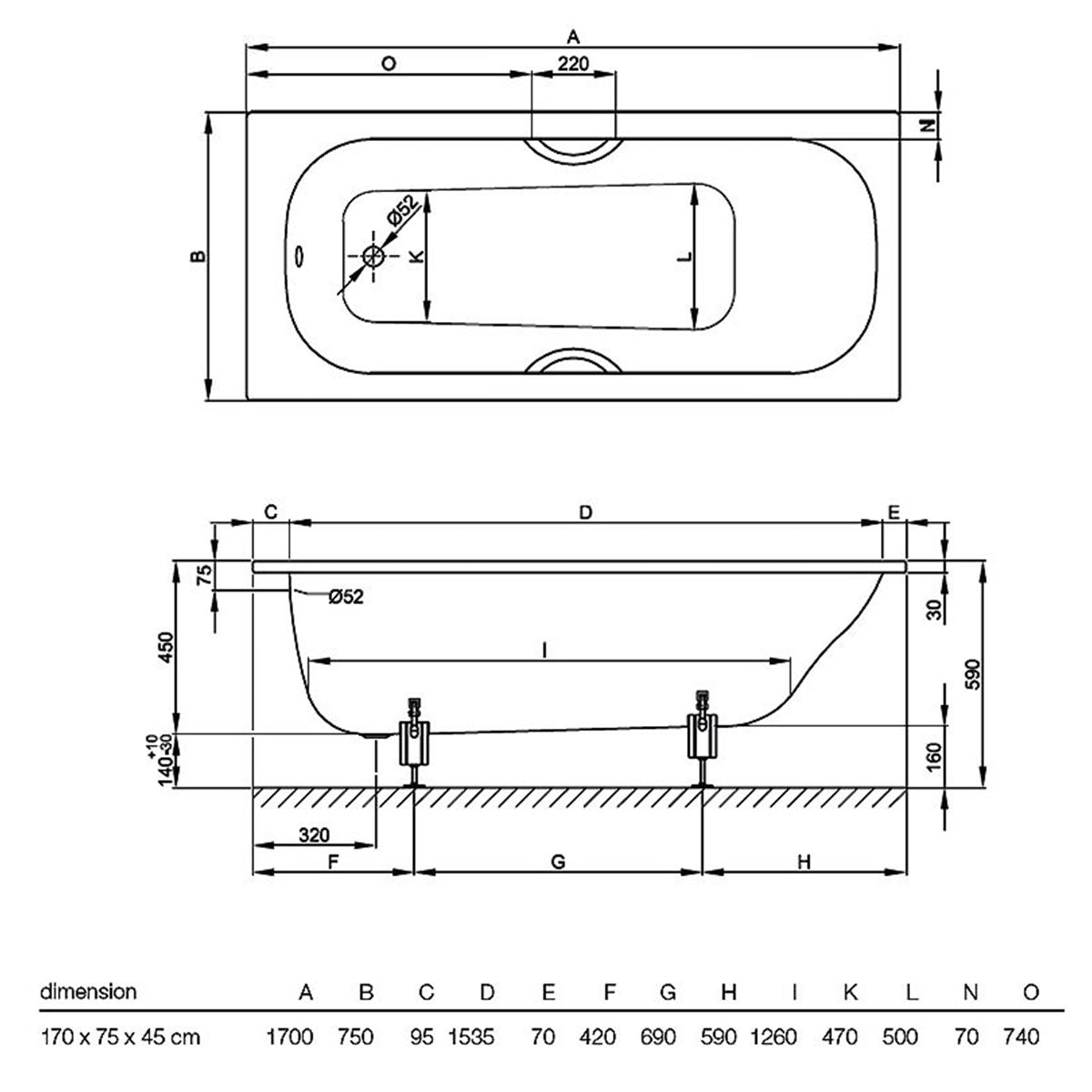 Bette Classic Single Ended Steel Bath 1700mm Dimensions