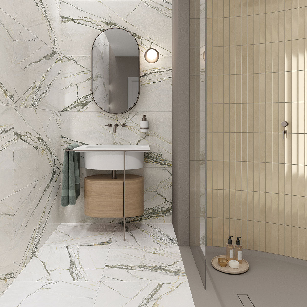 Deluxe Calacatta Green 3D Marble Effect Porcelain Tile 60x120cm Feature