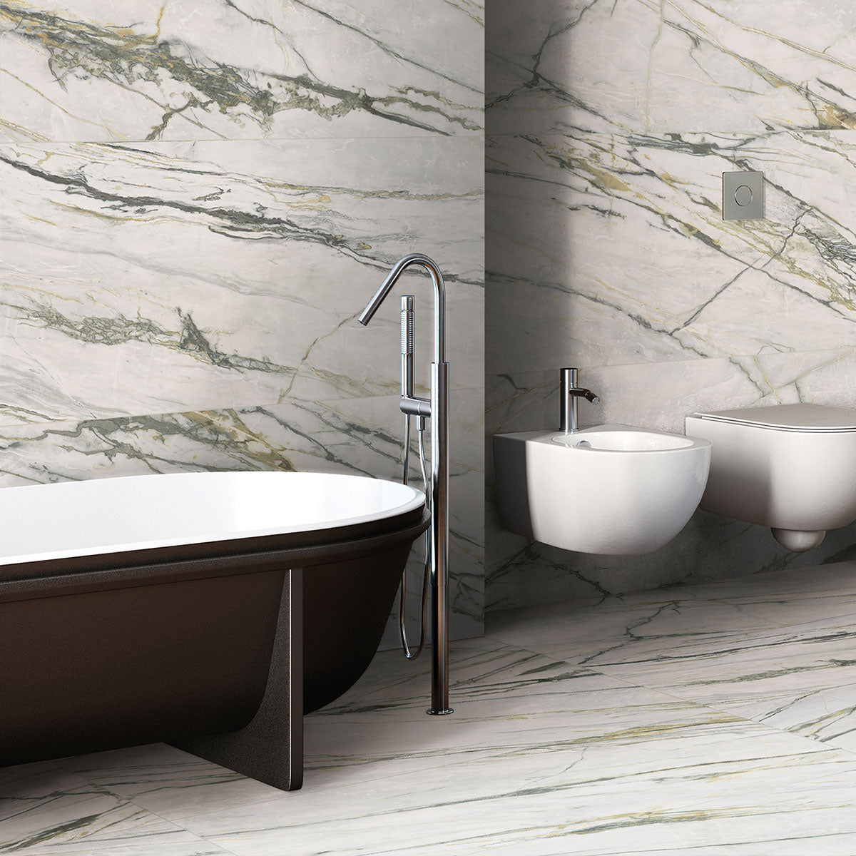 Deluxe Calacatta Green 3D Marble Effect Porcelain Tile 60x120cm Feature