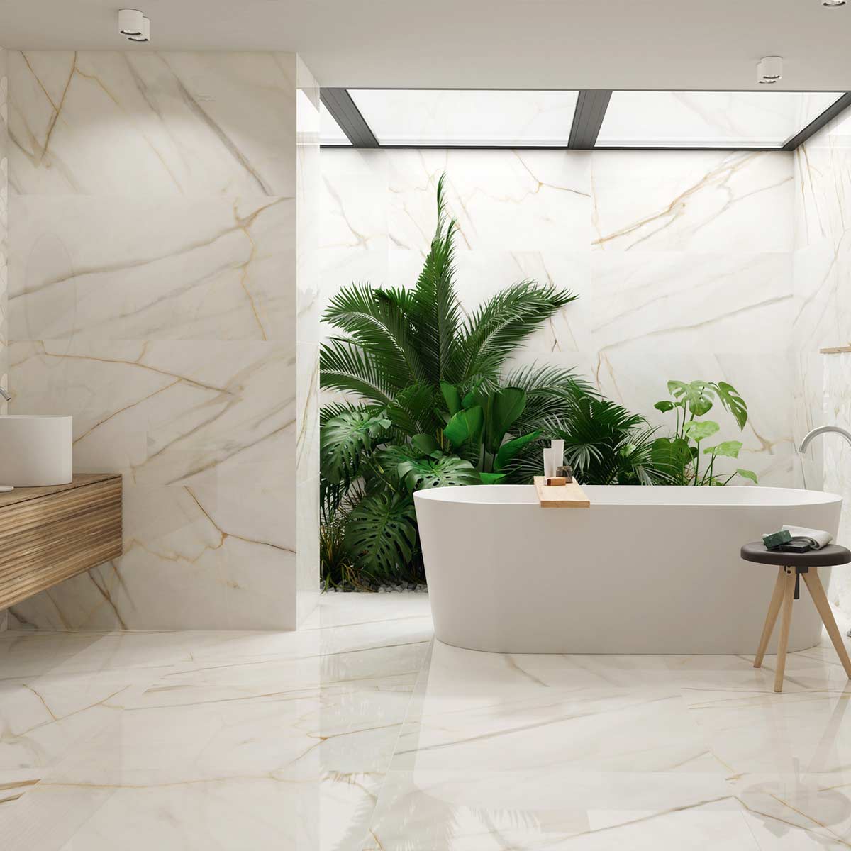 Dura Viena Gold Marble Effect Porcelain Tile Gloss 90x90cm Feature