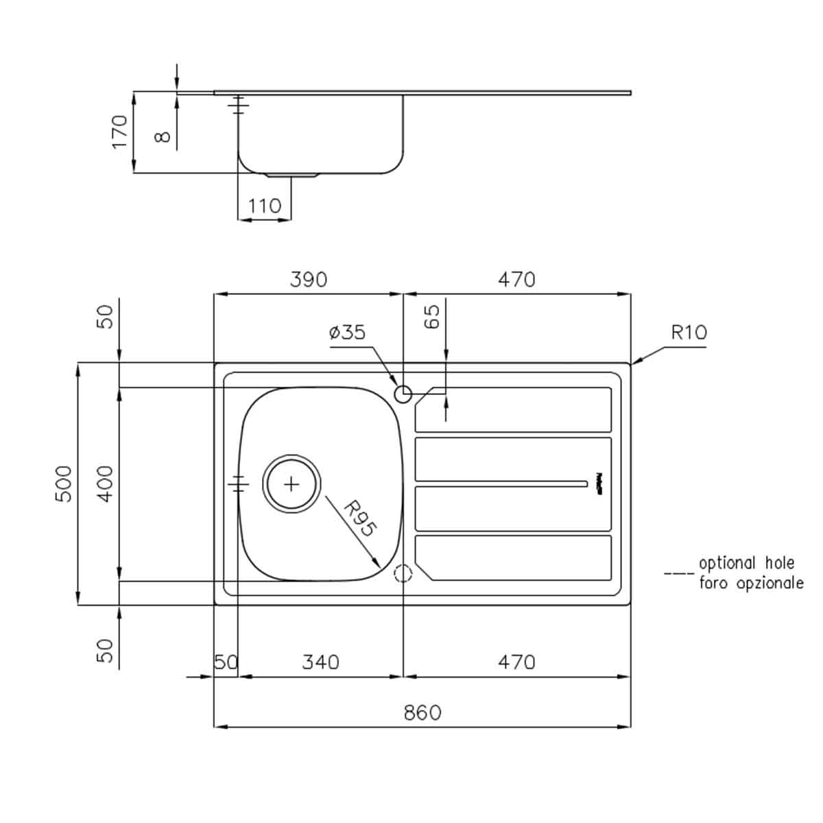 Foster S1000 Kitchen Sink with Draining Board Right Handed 860x500mm Dimensions