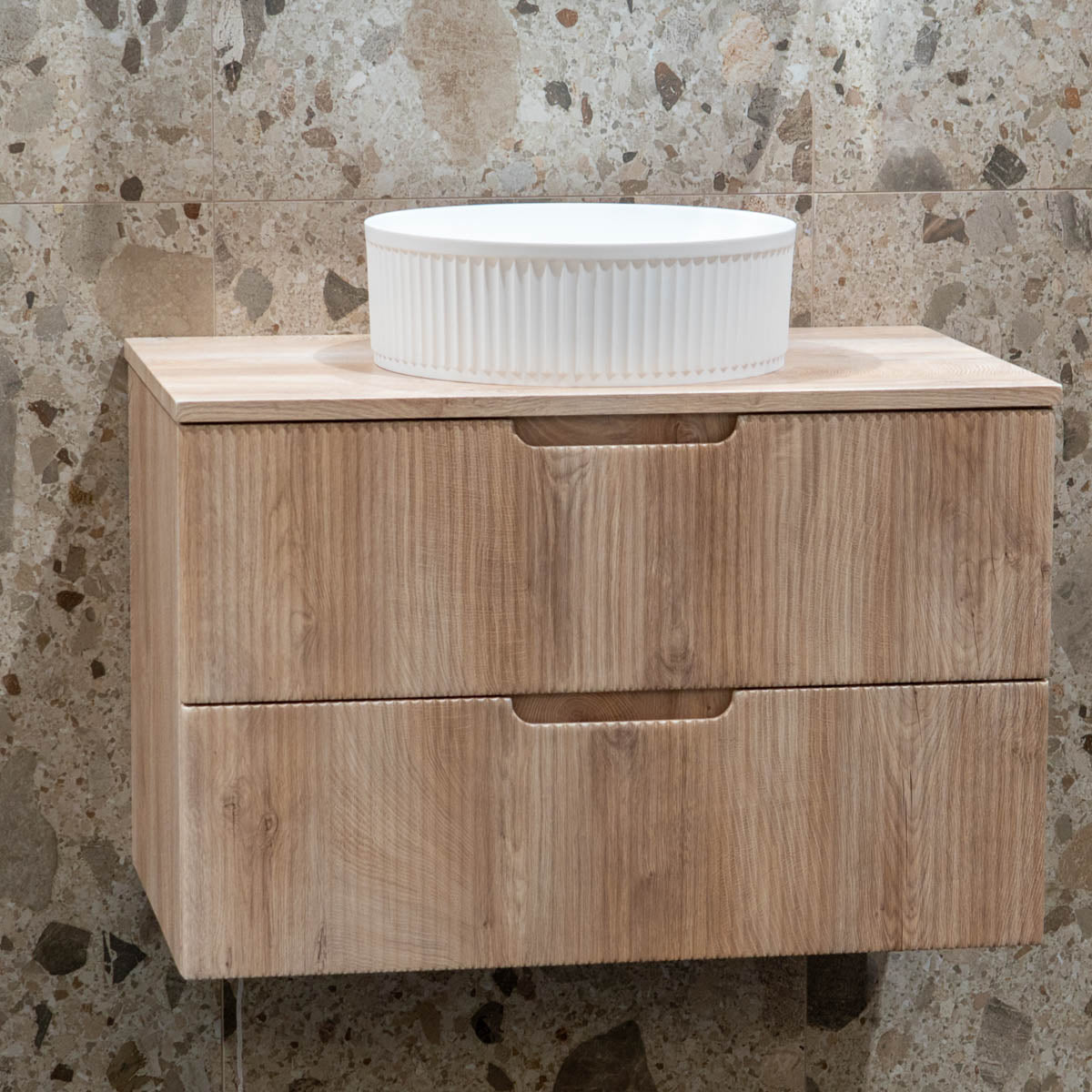 Granlusso Opus Oak Fluted Wall Mounted Vanity Unit With Oak Effect Worktop