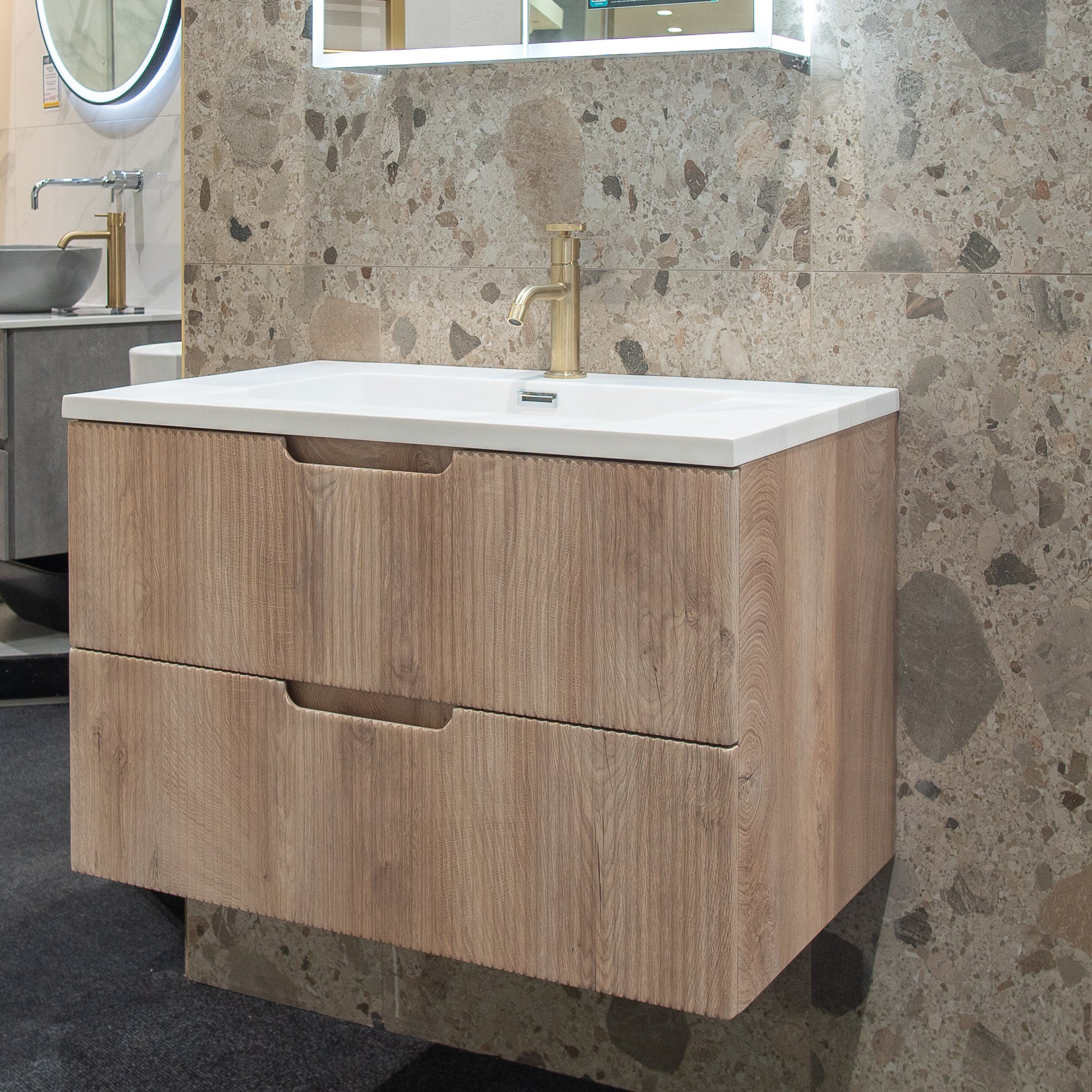 Granlusso Opus Oak Fluted Wall Mounted Vanity Unit With Solid Surface Washbasin