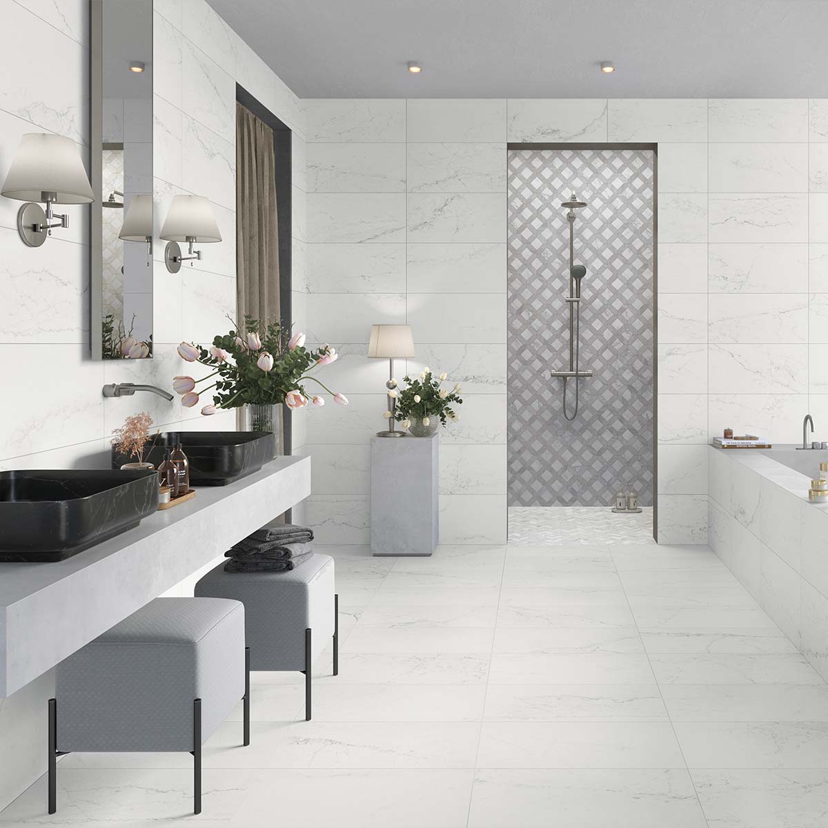 Luxe Antique Avenue White 3D Honed Marble Effect Porcelain Tile 60x120cm Lifestyle