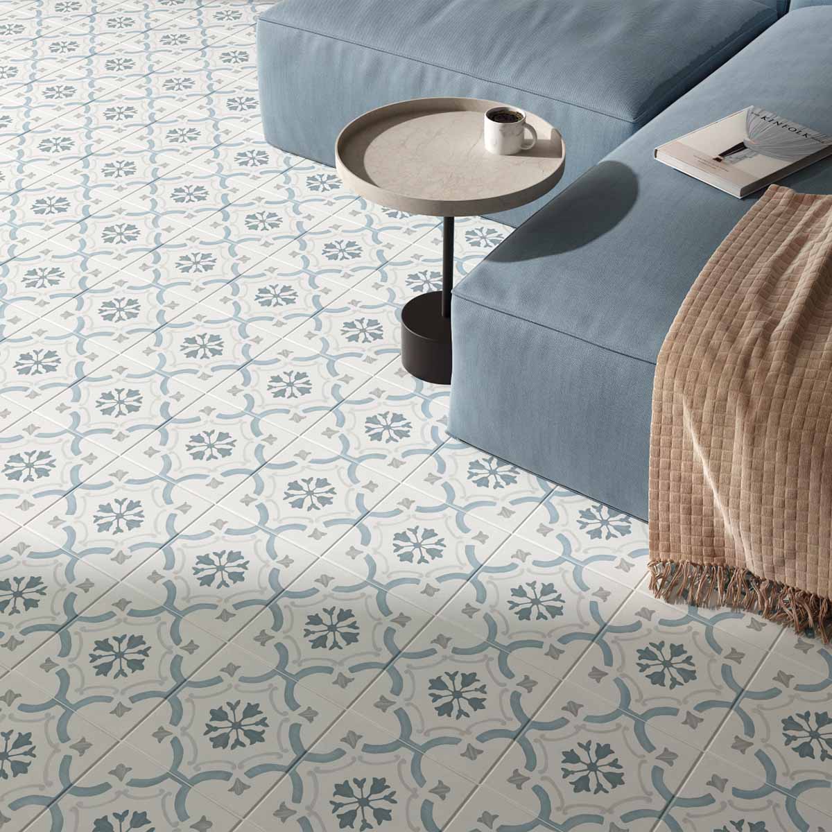Sirocco Blue Ornate Pattern Porcelain Tile 22x22cm Matte Lifestyle