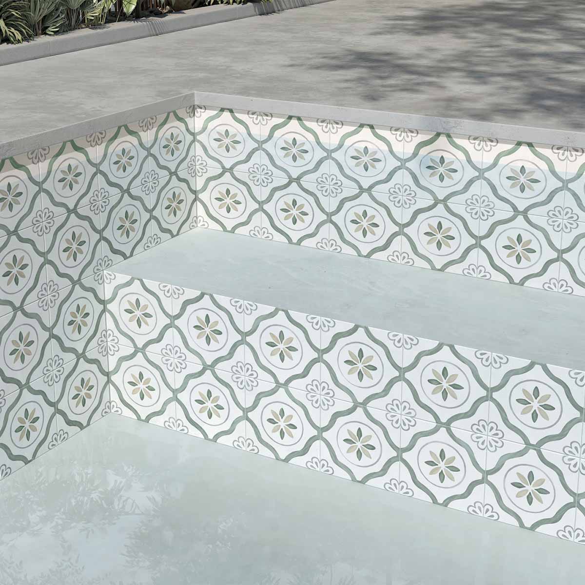 Sirocco Green Petals Pattern Porcelain Tile 22x22cm Matte Lifestyle