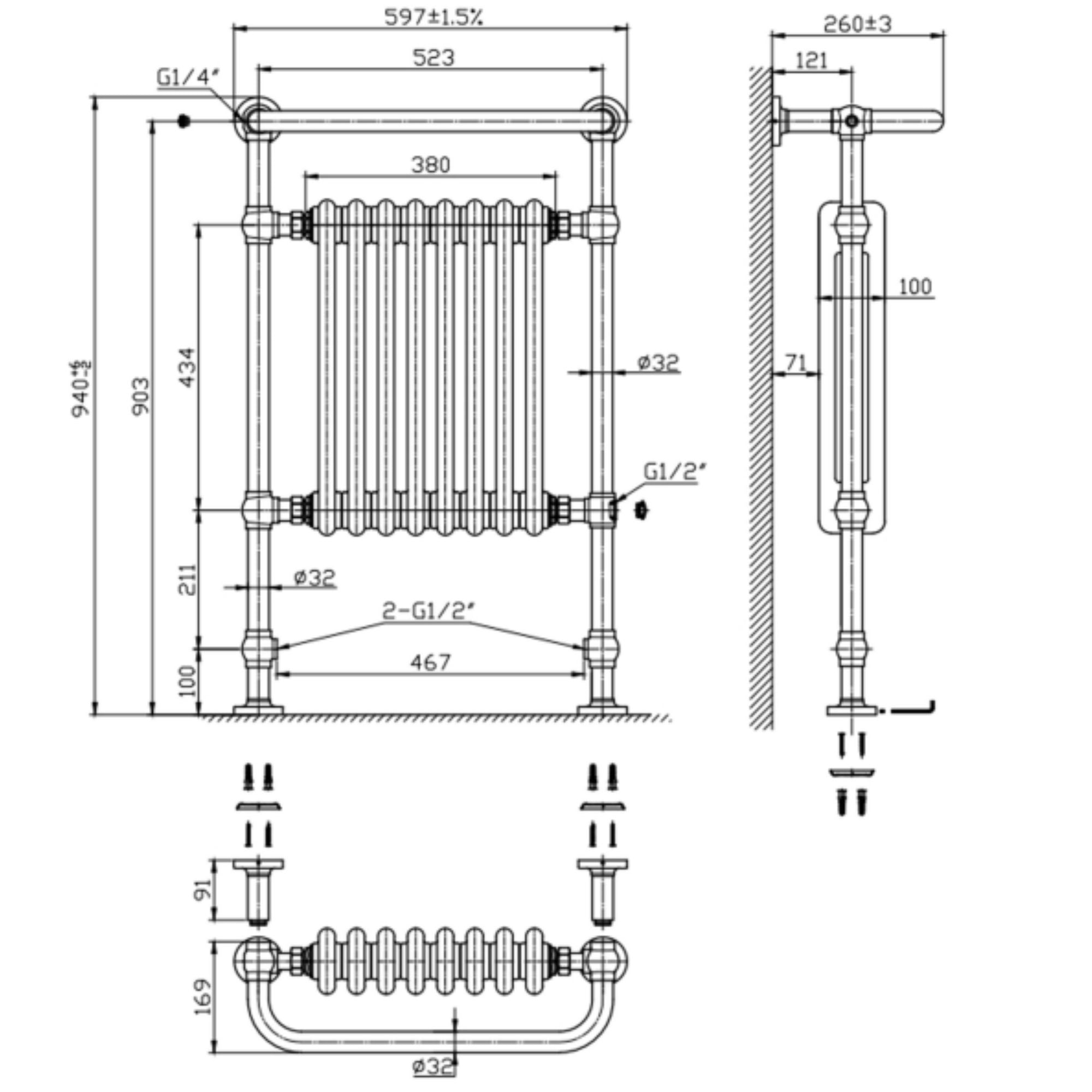 Ashbourne Traditional Radiator - Brushed Brass/Gloss White 940 x 600mm Technical Drawing