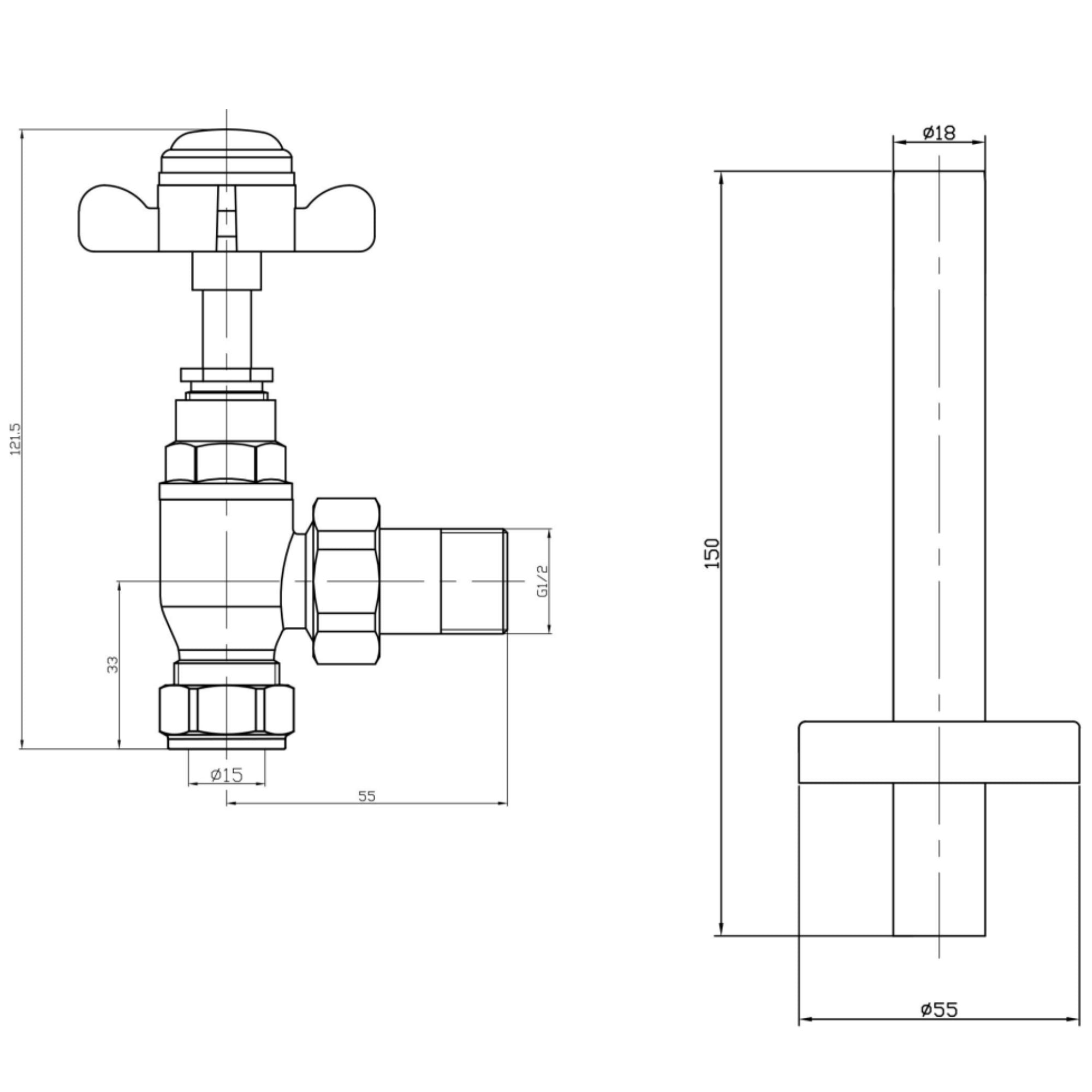 Ashbourne Traditional Angled Radiator Valves Technical Drawing