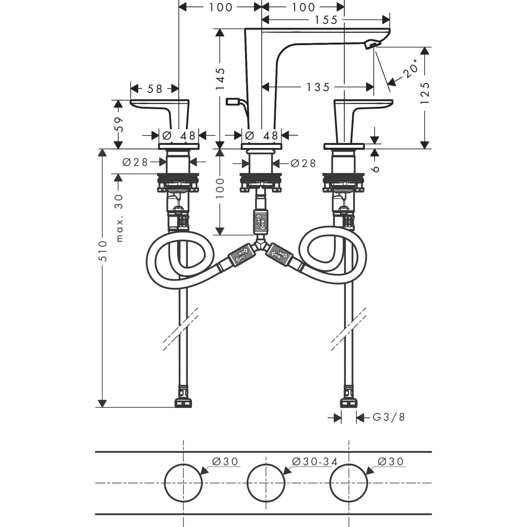 Axor Citterio C 3 Hole Deck Mounted Basin Mixer Tap With Waste Cubic Cut Technical Drawing