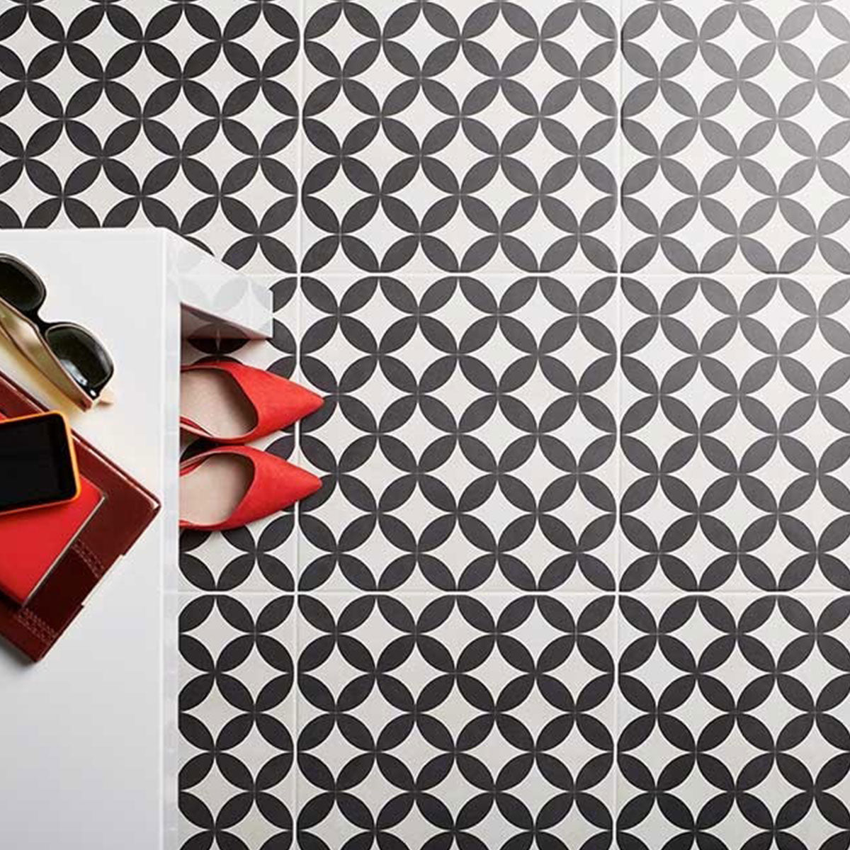 Laura Ashley Inspired Bertie White And Black Pattern Porcelain Matt Floor Tile 33cm x 33cm