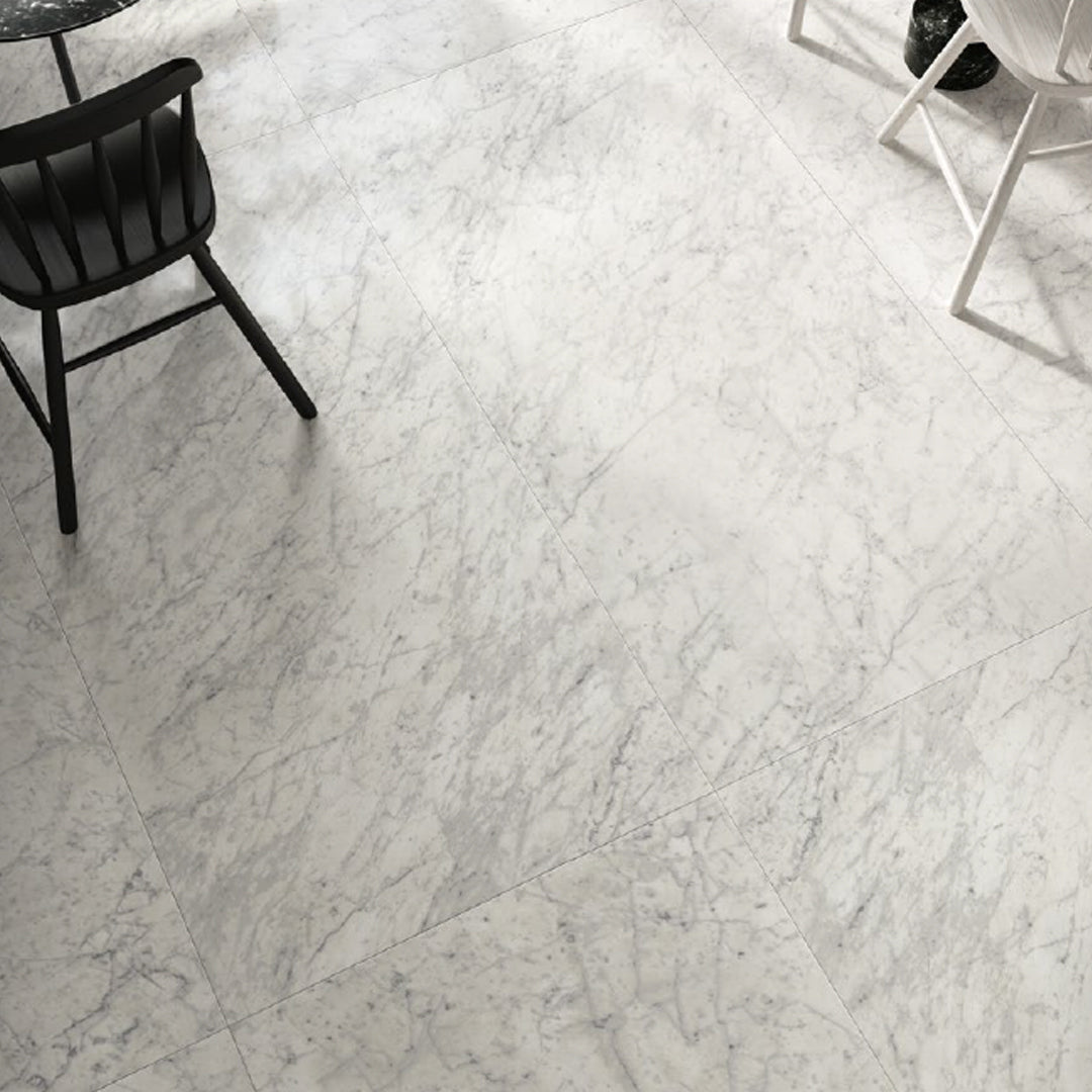 View of Bianco Gioia floor tiles in an interior setting.