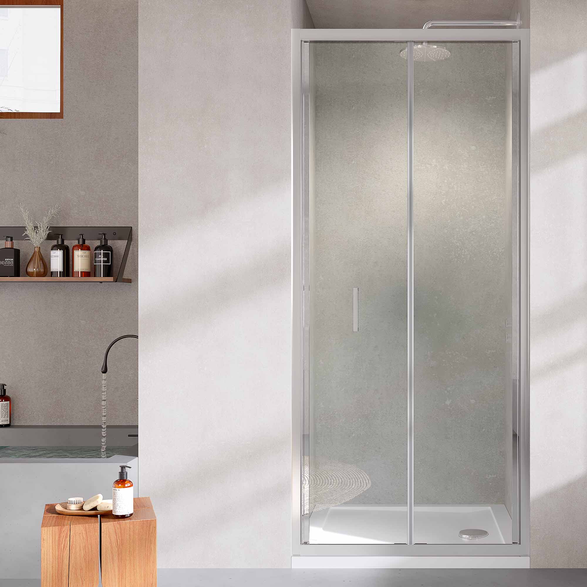 bifold shower door in recess chrome