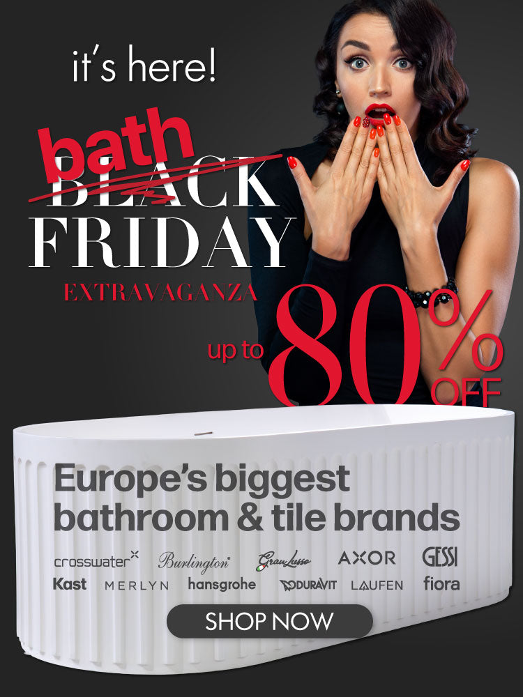 Black Friday Sale banner displays a discount of up to 80% off Europe's BIGGEST Bathroom Brands