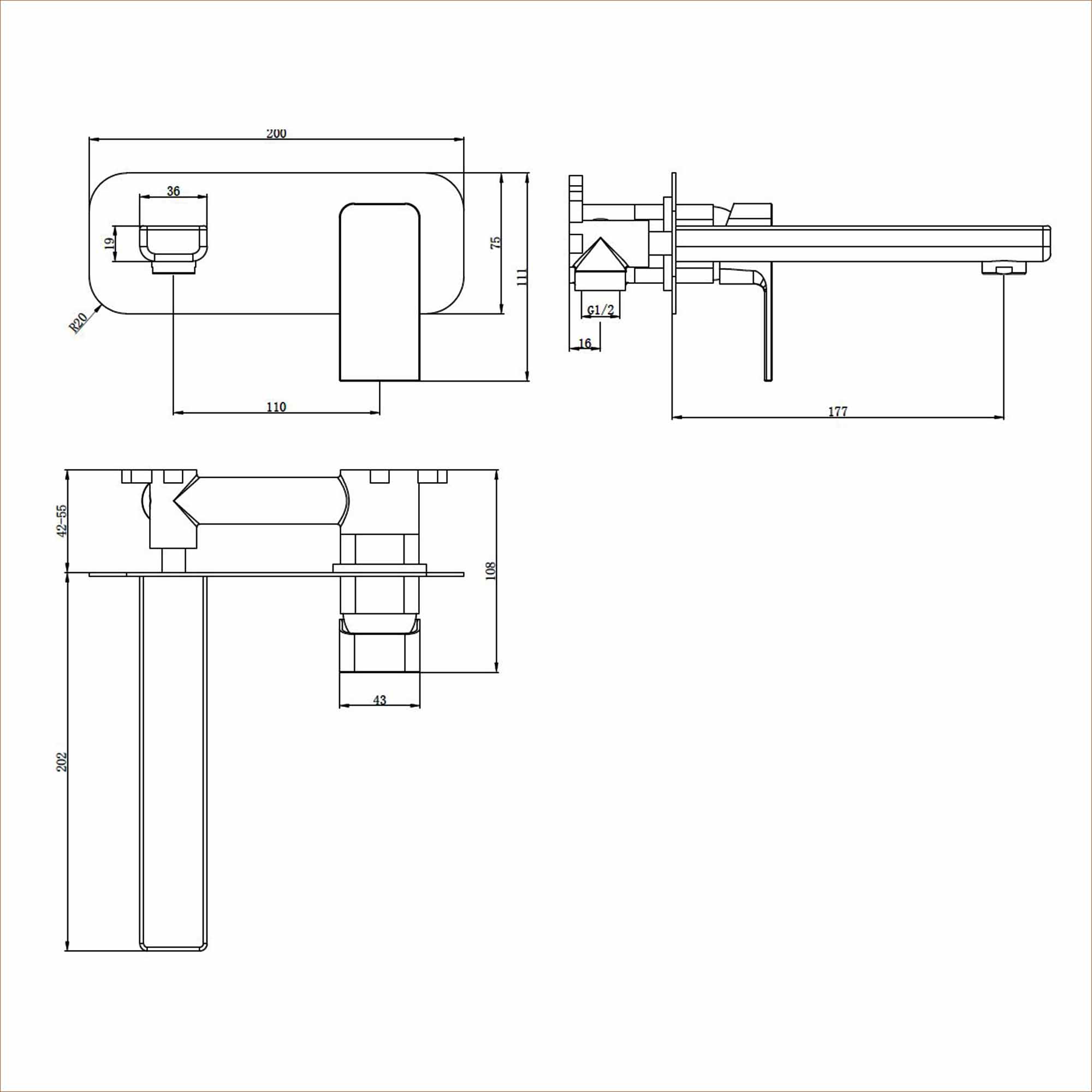 brisbane square 2 hole wall mounted basin mixer dimensions