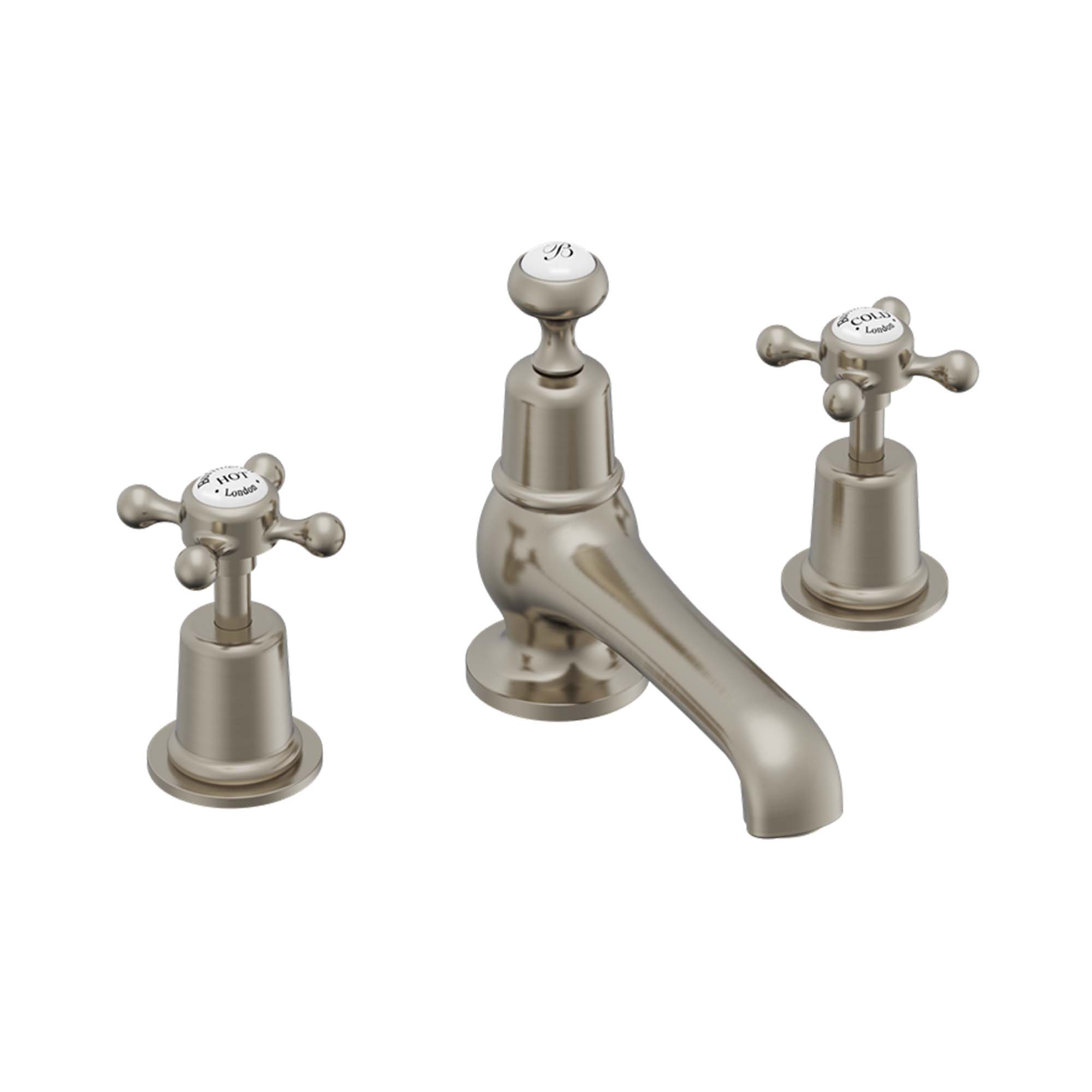 burlington claremont three tap hole basin mixer with pop up waste brushed nickel