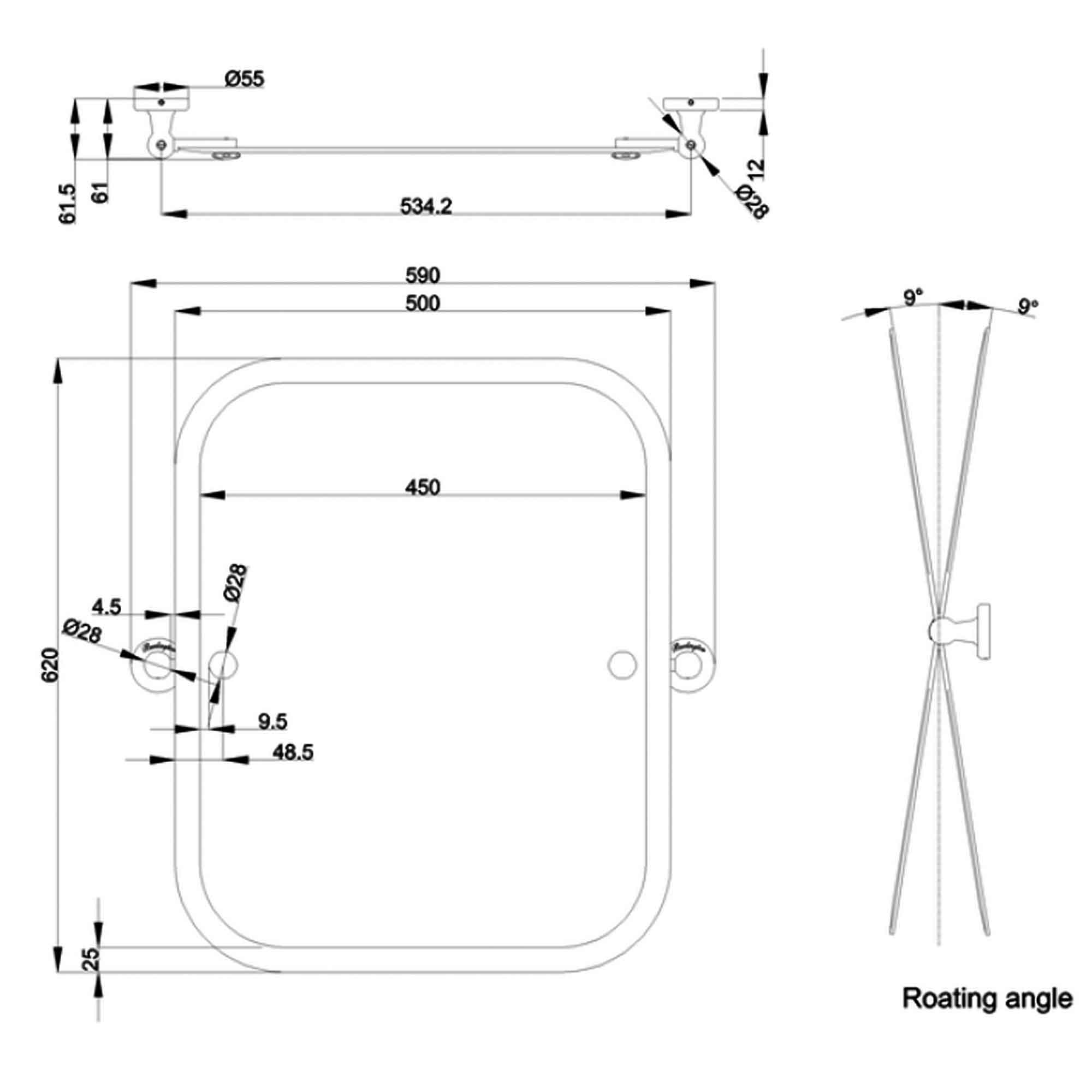 burlington swivel mirror with curved corners 590mm dimensions