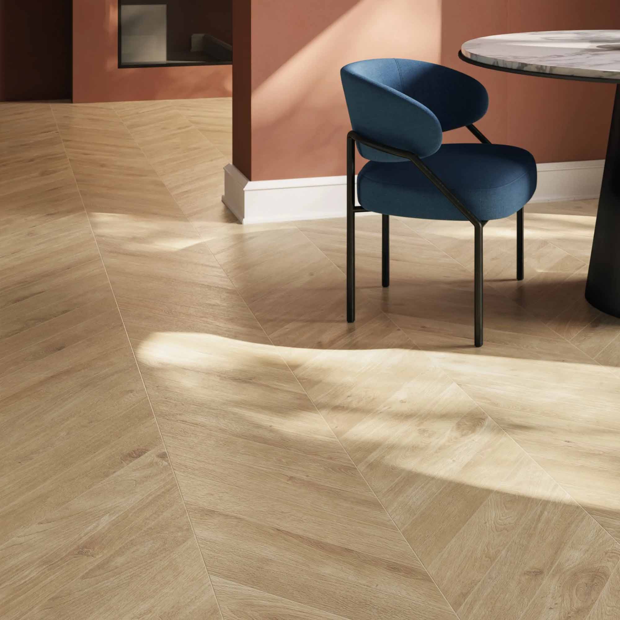 essence warm chevron wood effect porcelain tile 9x50cm matt