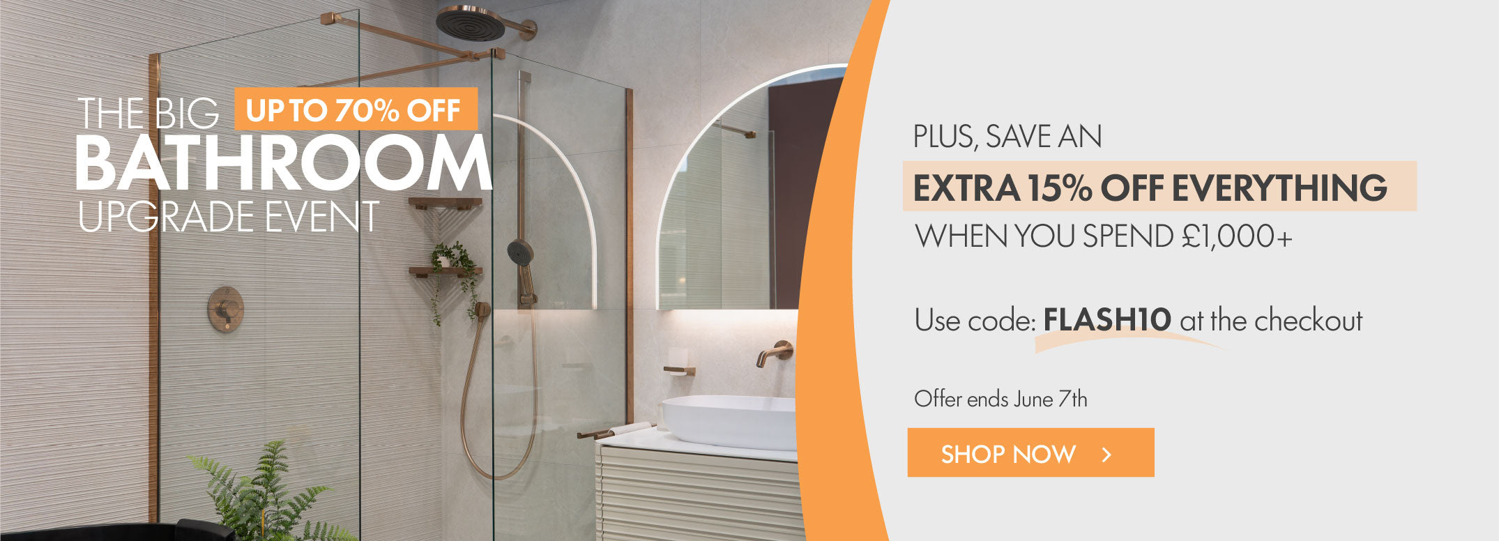 the big bathroom upgrade event with up to 70% off bathrooms and tiles and plus extra 15% off everything banner