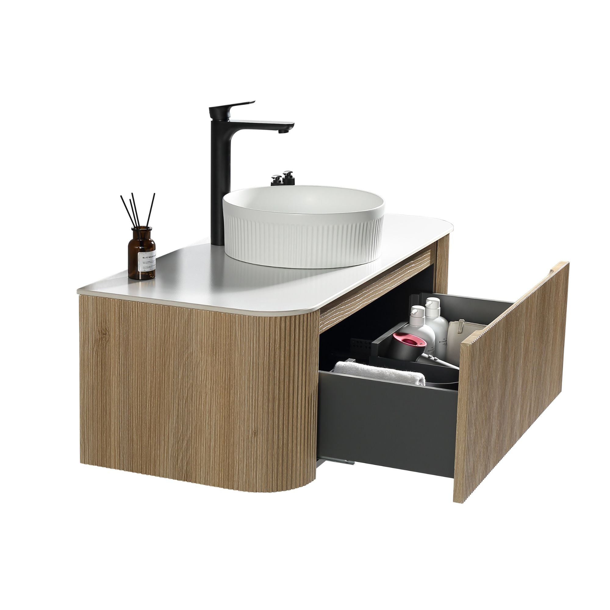 florence 1070mm curved country oak fluted wall mounted vanity unit with sintered stone countertop