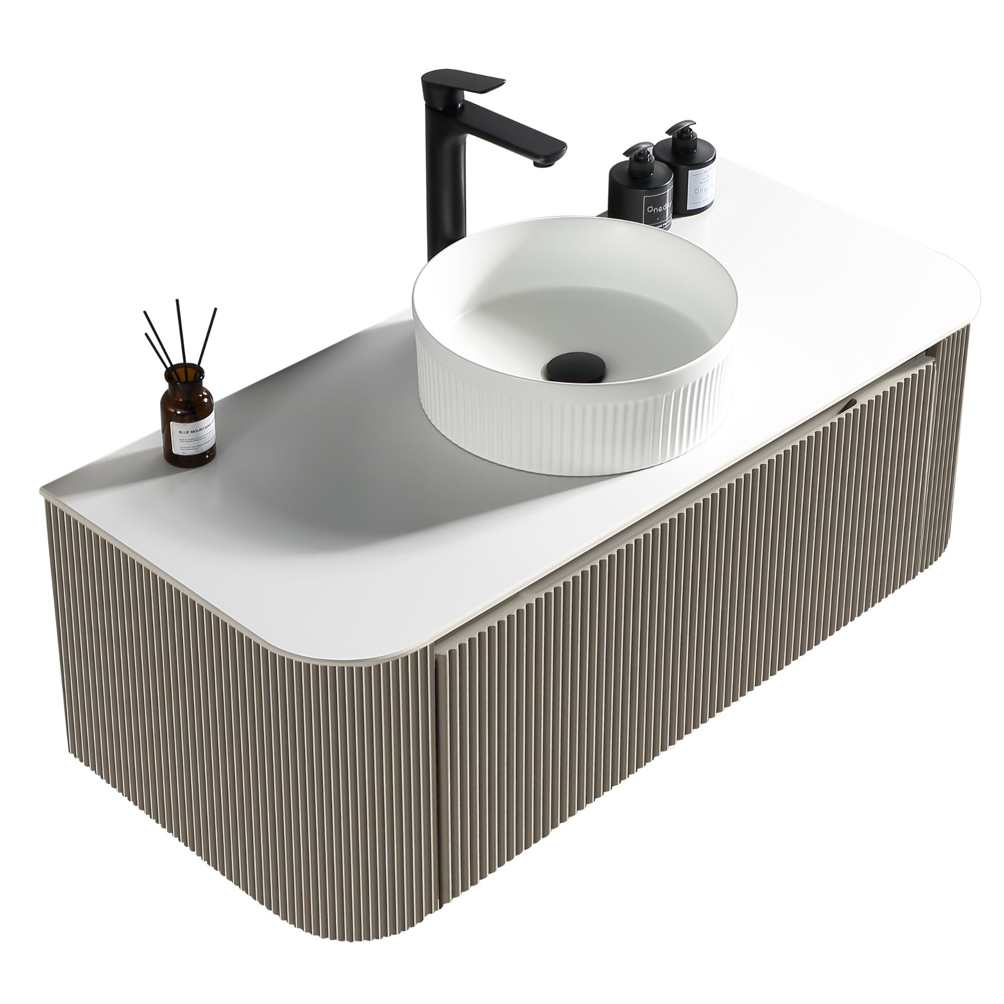 Florence 1070mm Fluted Curved Wall Mounted Vanity Unit With Worktop Soft Coffee