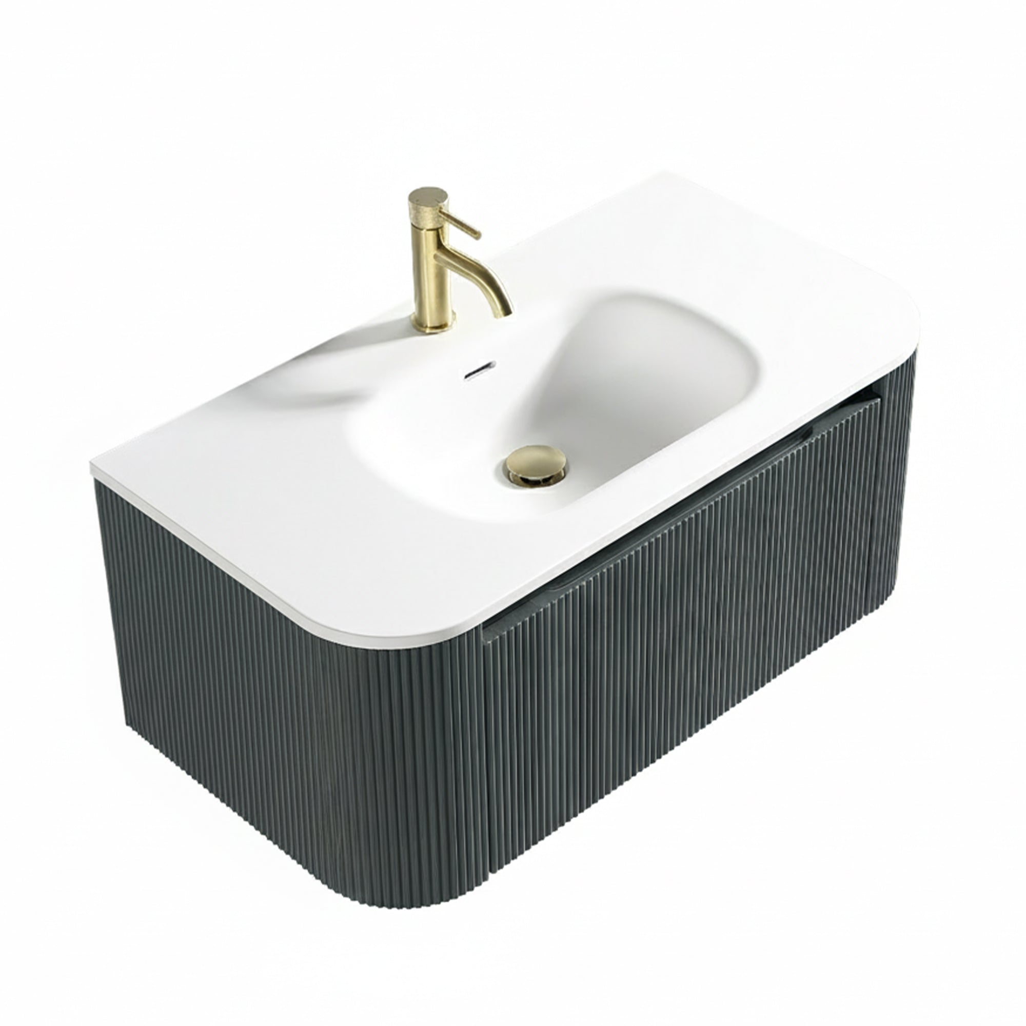 Florence Fluted 870mm Curved Wall Mounted Vanity Unit With Matt Stone Basin Smoked Sage Deluxe Bathrooms