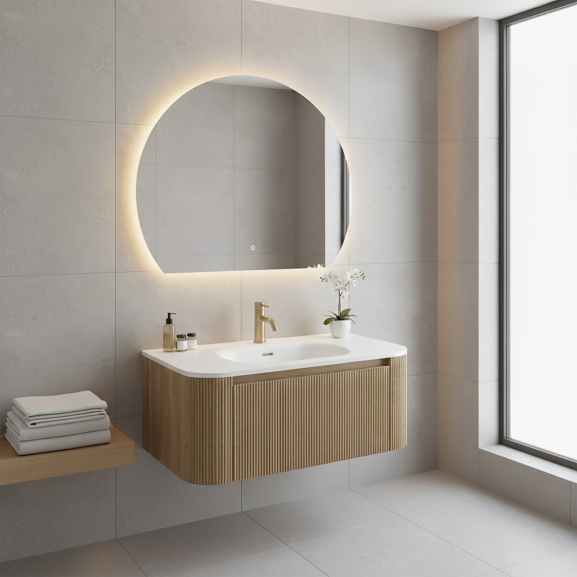 florence 870 wall mounted curved vanity unit with matt white basin country oak lifestyle