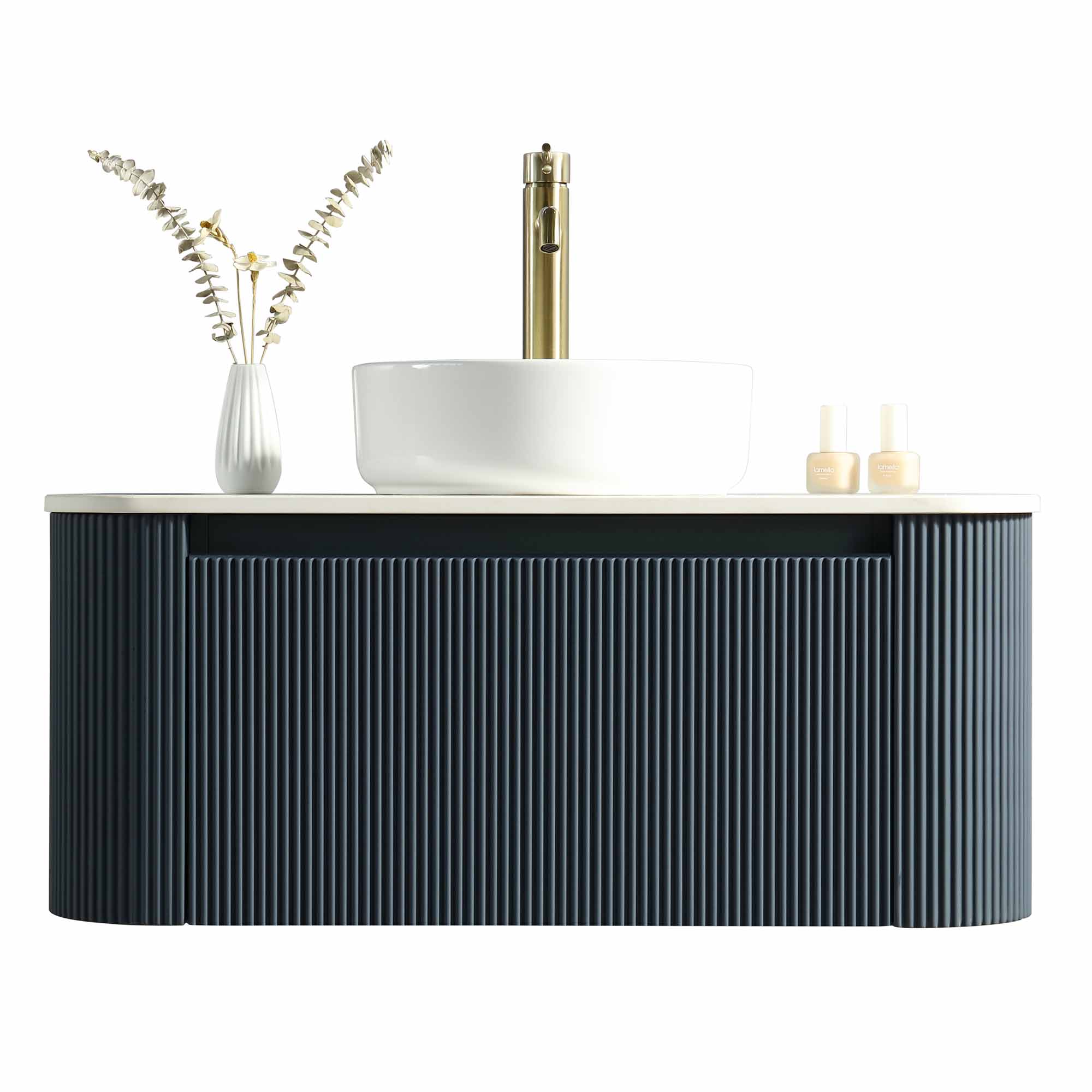 florence 870mm curved midnight shadow fluted wall mounted vanity unit with sintered stone countertop