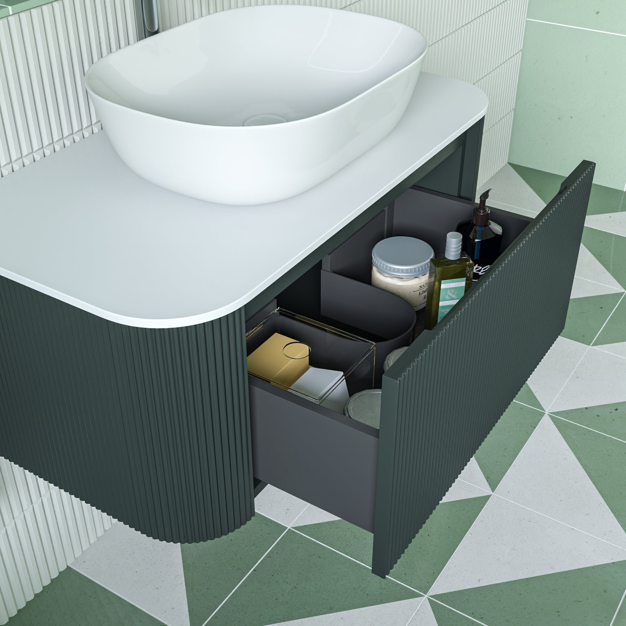 Florence Fluted 870 Curved Wall Mounted Vanity Unit With Worktop - Smoked Sage