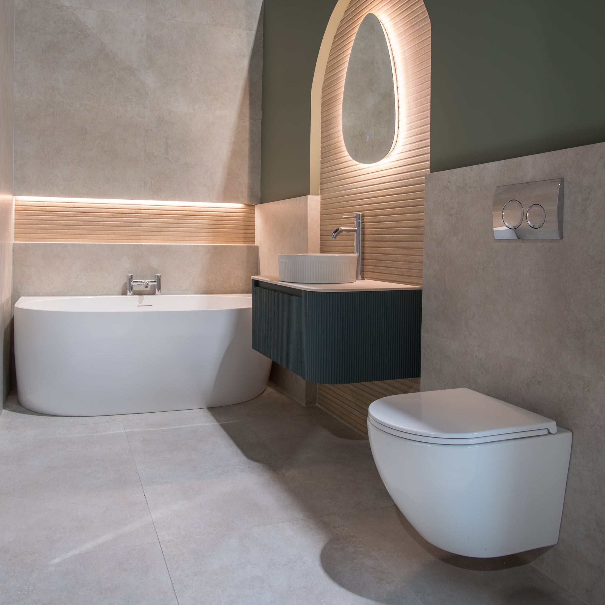 Florence Fluted 870 Curved Wall Mounted Vanity Unit With Worktop - Smoked Sage