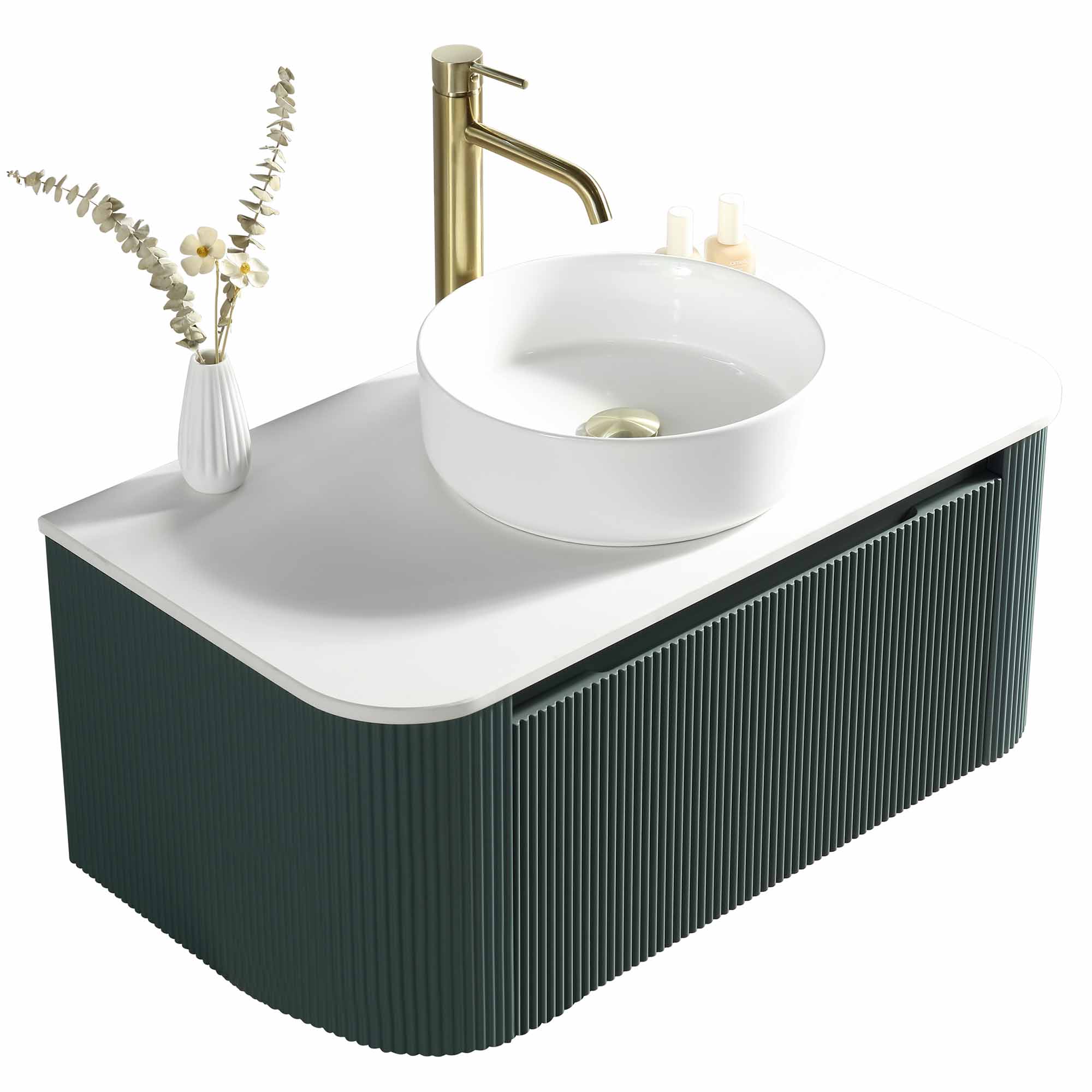 florence 870mm curved smoked sage fluted wall mounted vanity unit with sintered stone countertop