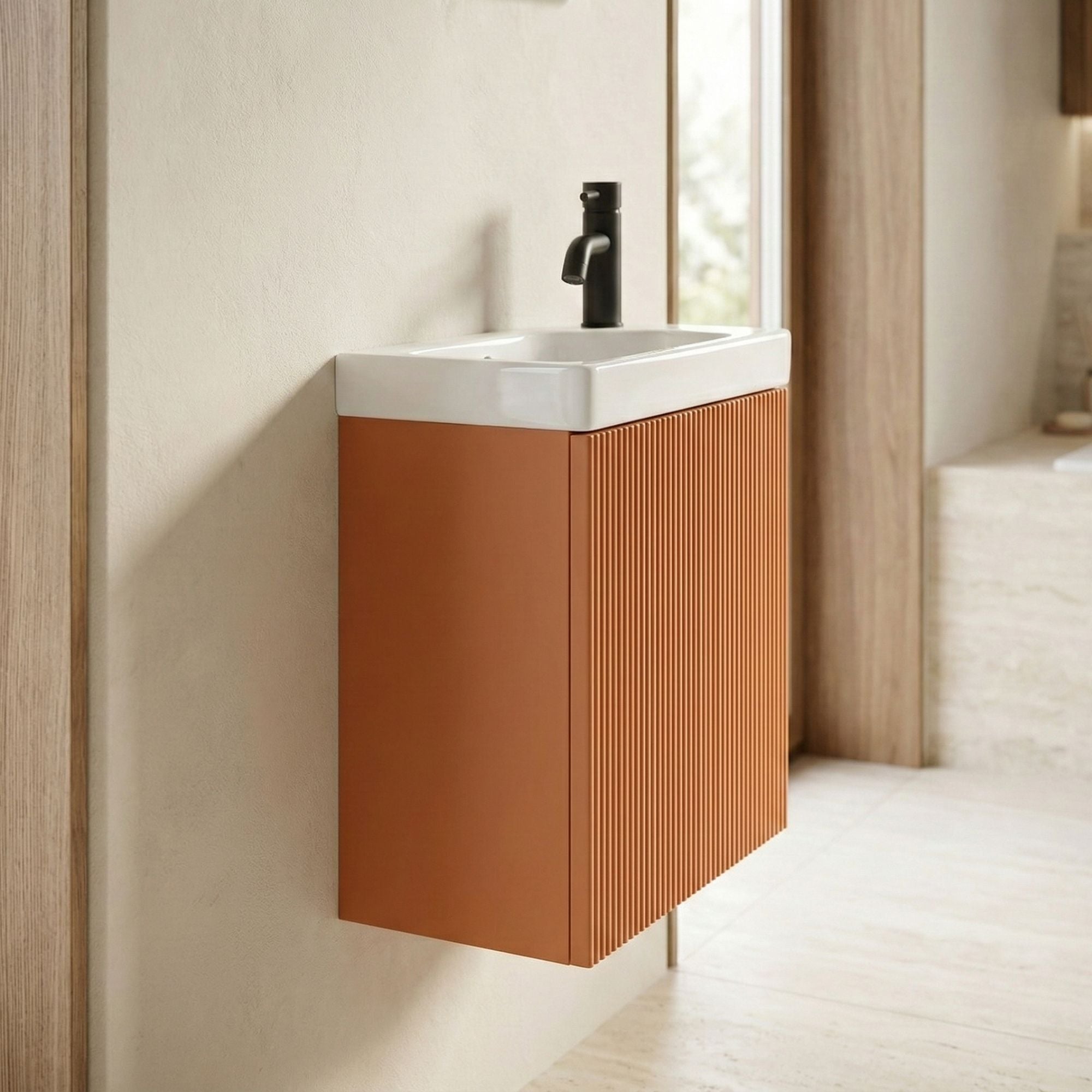 Florence Fluted Wall Mounted Cloakroom Vanity Unit With Ceramic Basin Bruciata Orange Lifestyle Image Deluxe Bathrooms