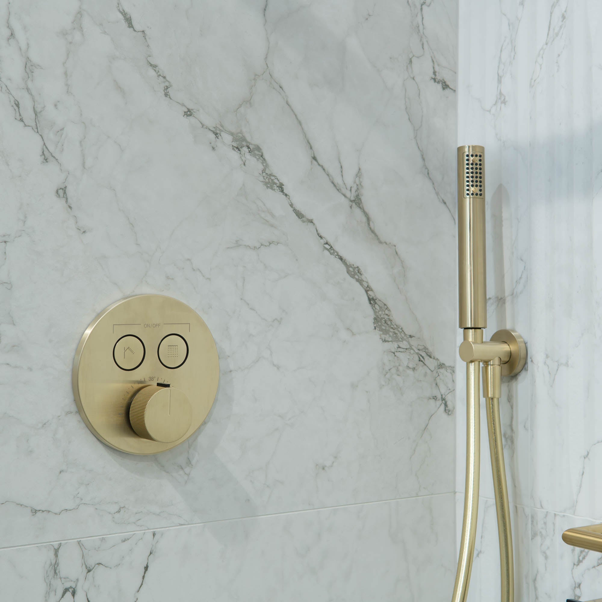 Gessi Manzoni Dual Outlet Thermostatic Shower Valve with Pencil Handset - Brushed Brass