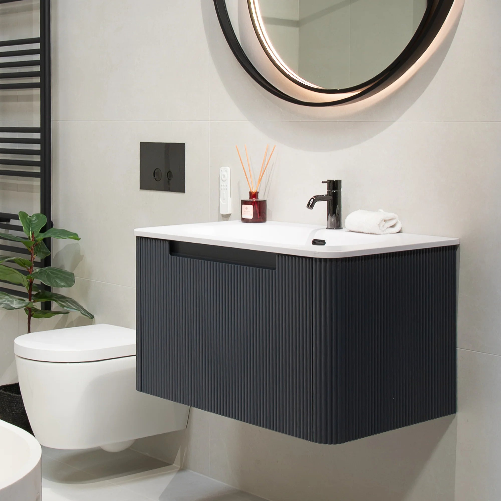 Granlusso™ Amalfi 800mm Fluted Midnight Grey Wall Mounted Vanity Unit With Washbasin