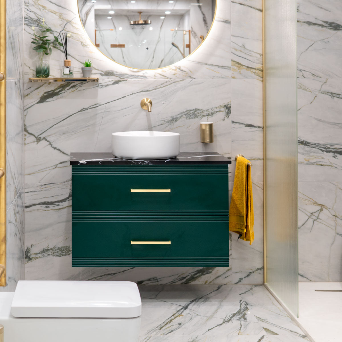 Granlusso™ Galleria Wall Mounted  2-Drawer Vanity Unit With Nero Marquina Worktop - Deep Emerald