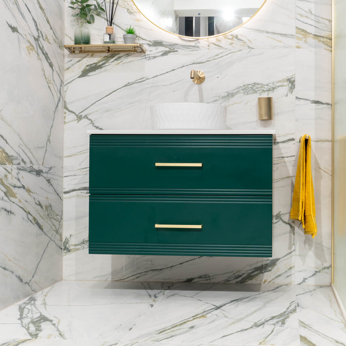 Granlusso™ Galleria Wall Mounted 2-Drawer Vanity Unit and Marble Effect Worktop - Deep Emerald
