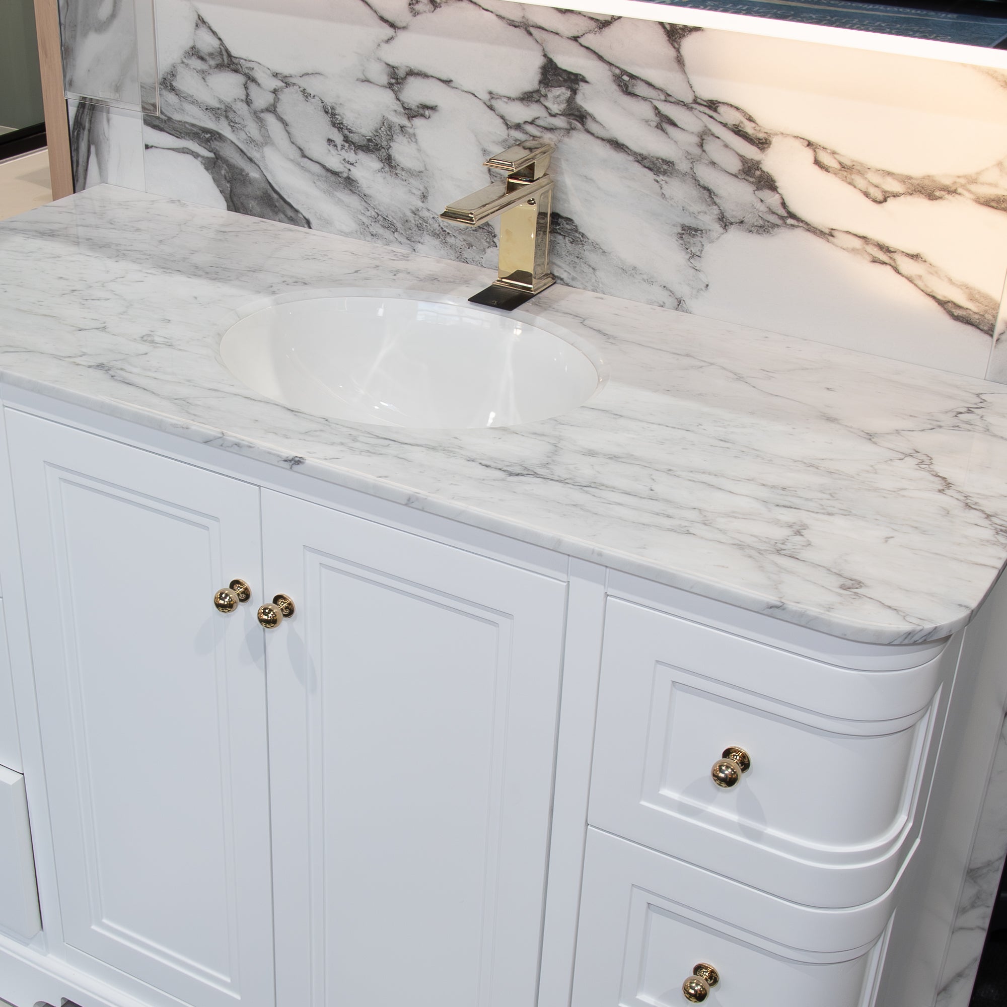 Granlusso New Hampton 1200 Floorstanding Vanity Unit With Marble Carrara Worktop and Basin - white matt