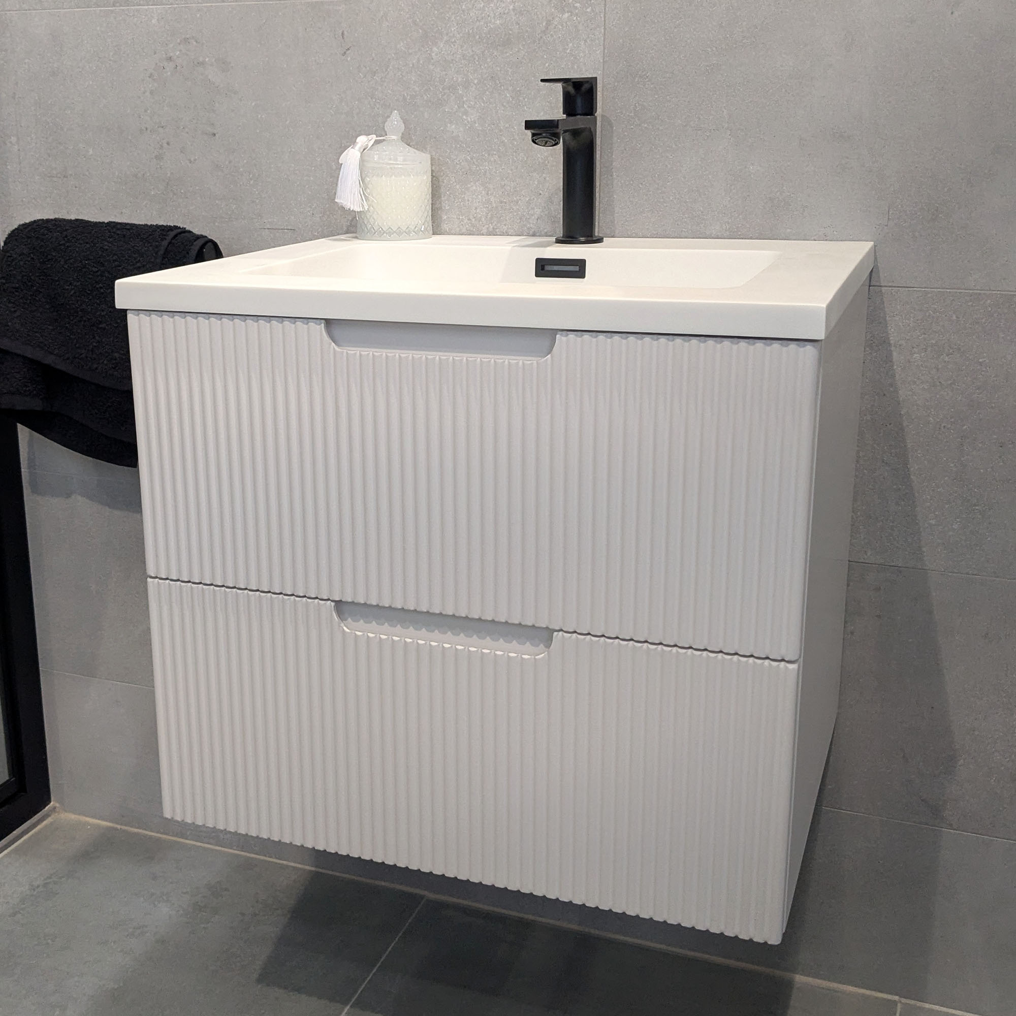 Granlusso Opus White Fluted Wall Mounted Vanity Unit With Solid Surface Washbasin