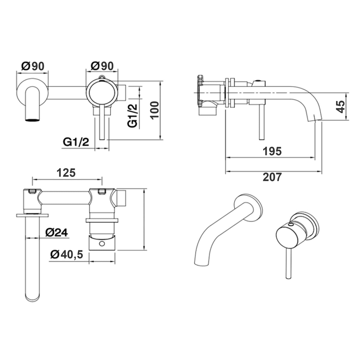 granlusso portofino 2 hole wall mounted basin mixer dimensions
