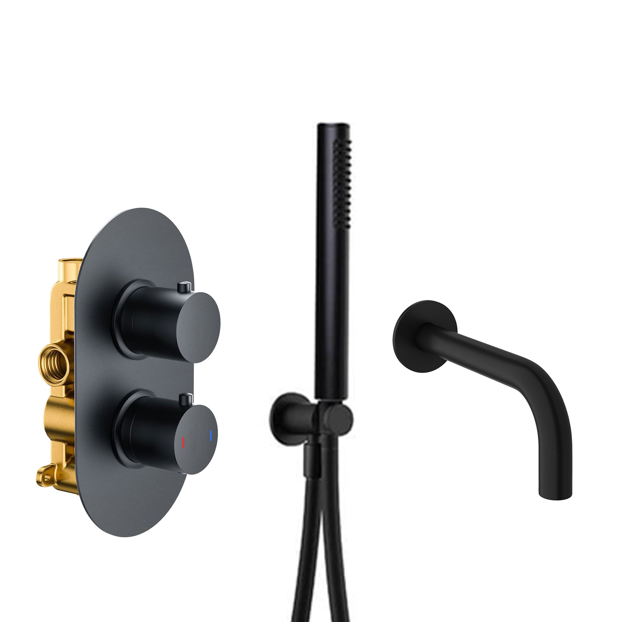 Black shower with 2 outlet valve with handheld shower and wall-mounted spout at deluxe bathrooms ireland