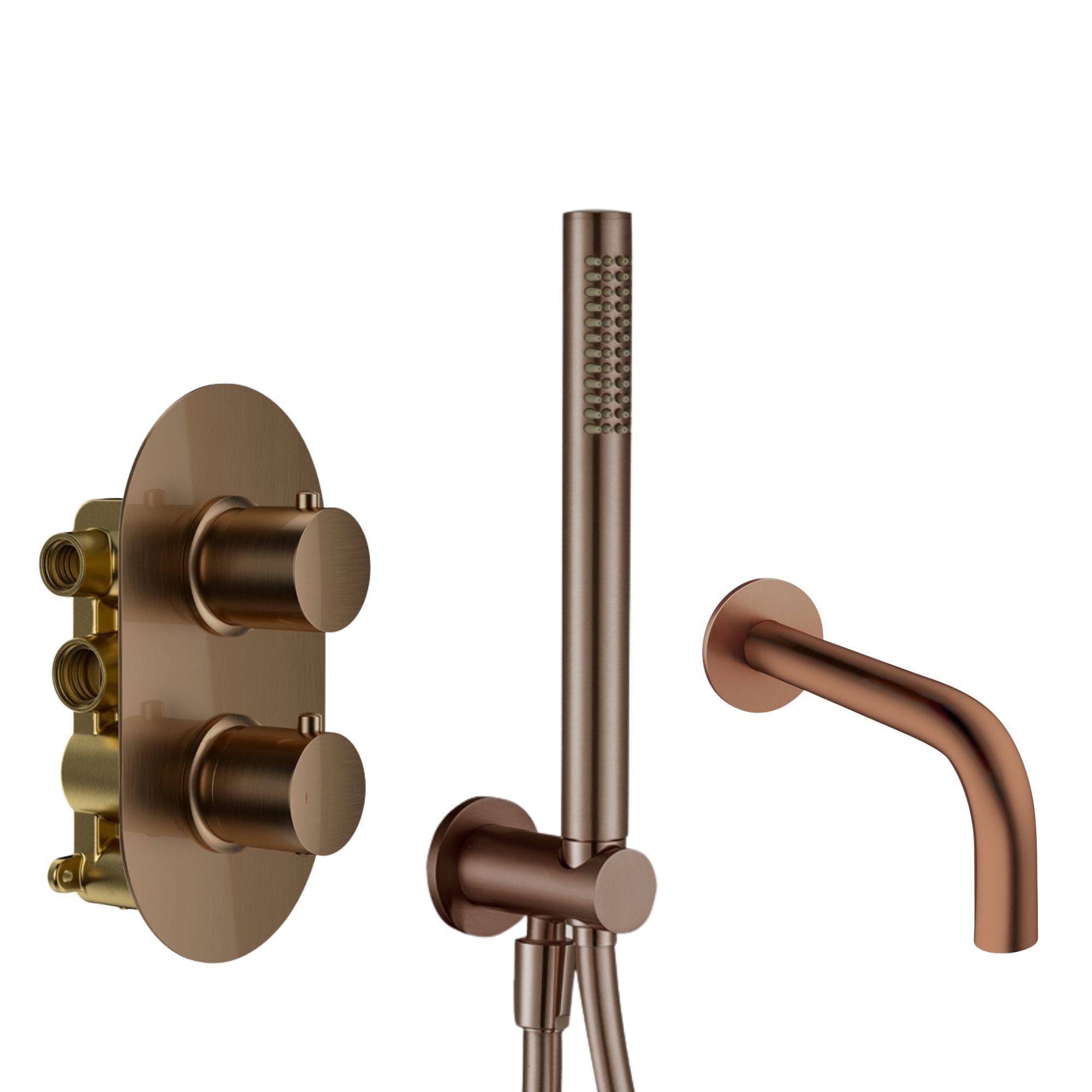 Granlusso portofino bronze shower control panel with handheld shower and wall-mounted spout on a white background deluxe bathrooms