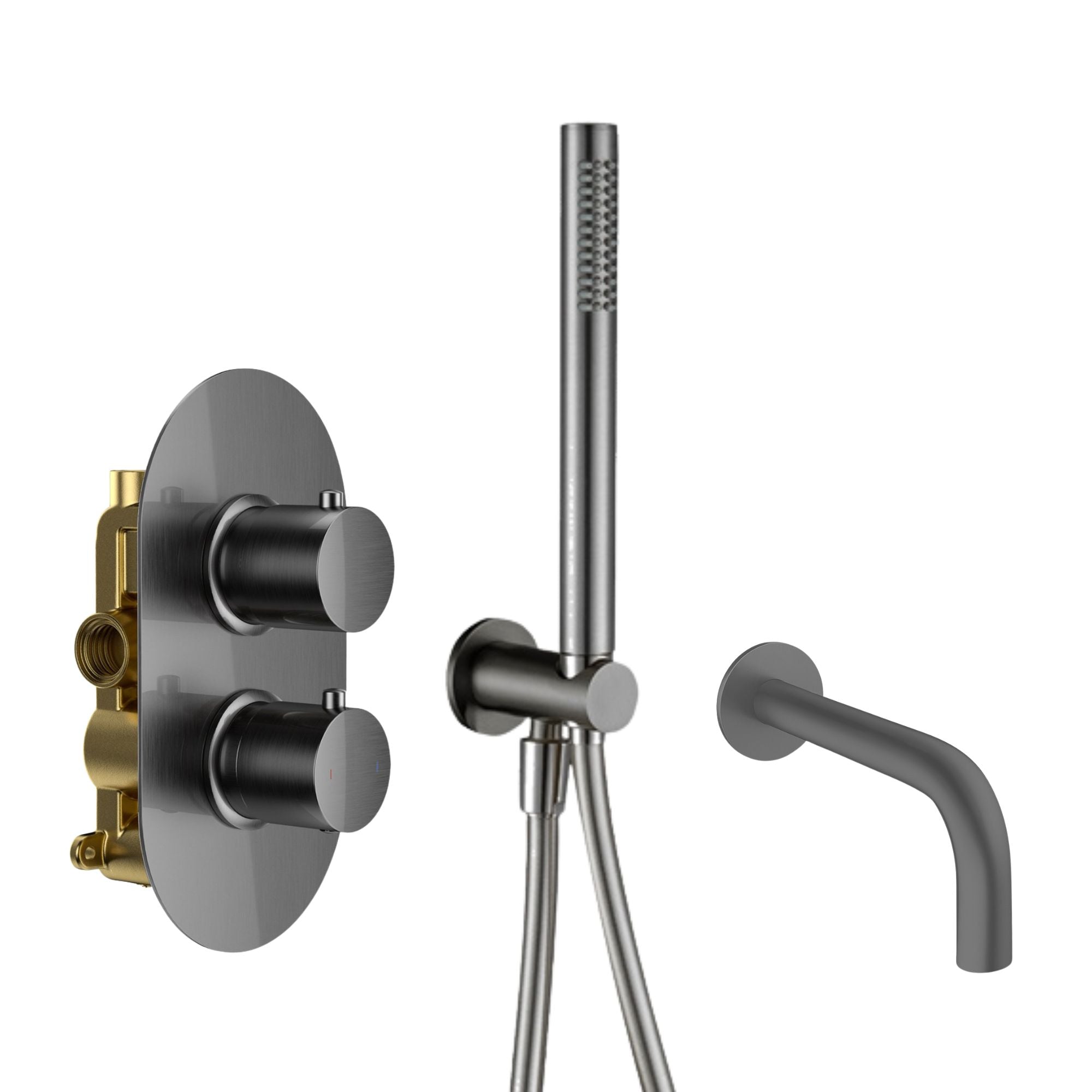 Granlusso portofino Gunmetal shower control panel with handheld shower head and wall-mounted faucet on a white background deluxe bathrooms