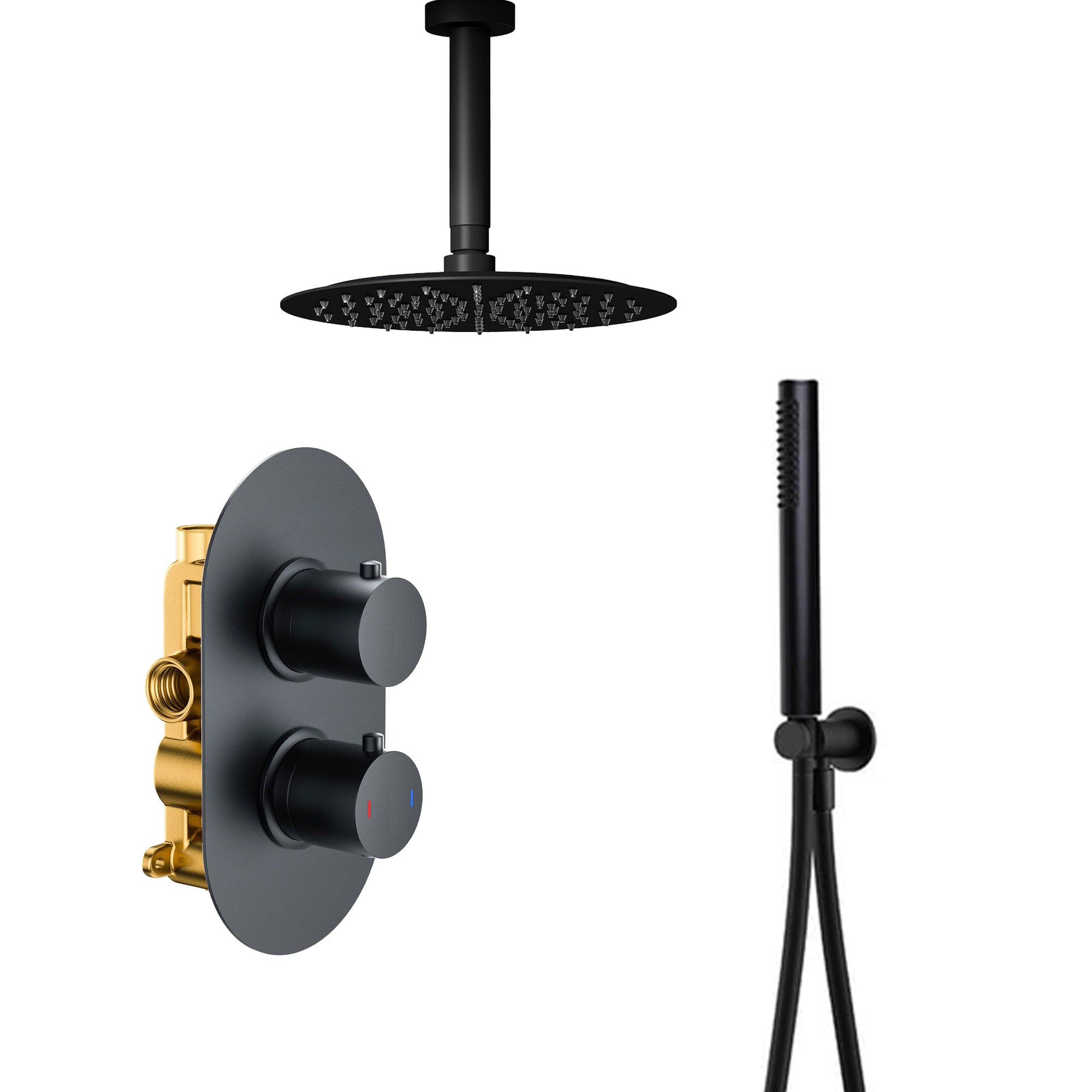 Black shower head, control valve, and handheld shower on a white background at deluxe bathrooms Ireland
