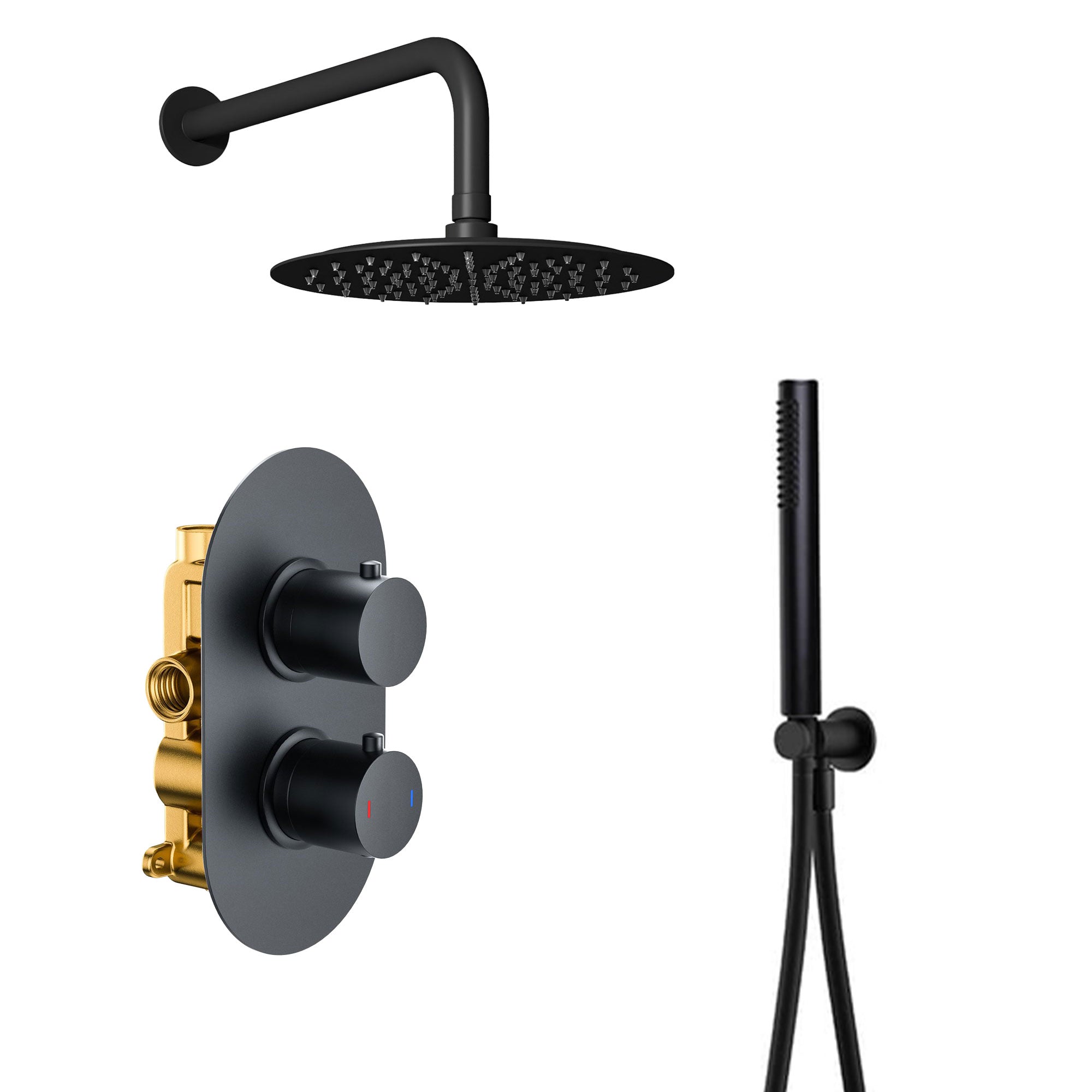 Black shower head, control valve, and handheld shower on a white background at deluxe bathrooms Ireland