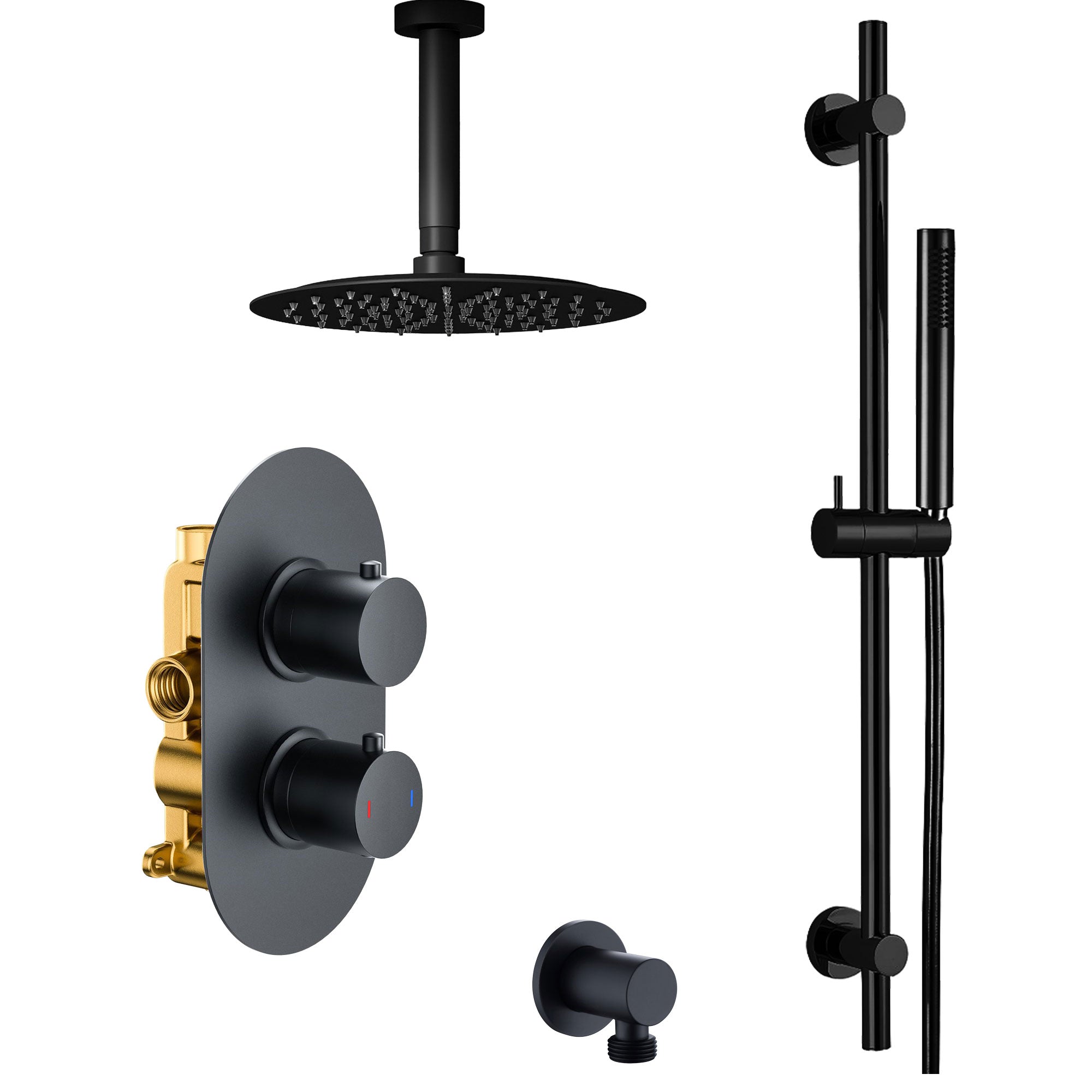 Black shower set with ceiling-mounted rain shower head, handheld shower, and control valve on a white background - deluxe bathrooms Ireland