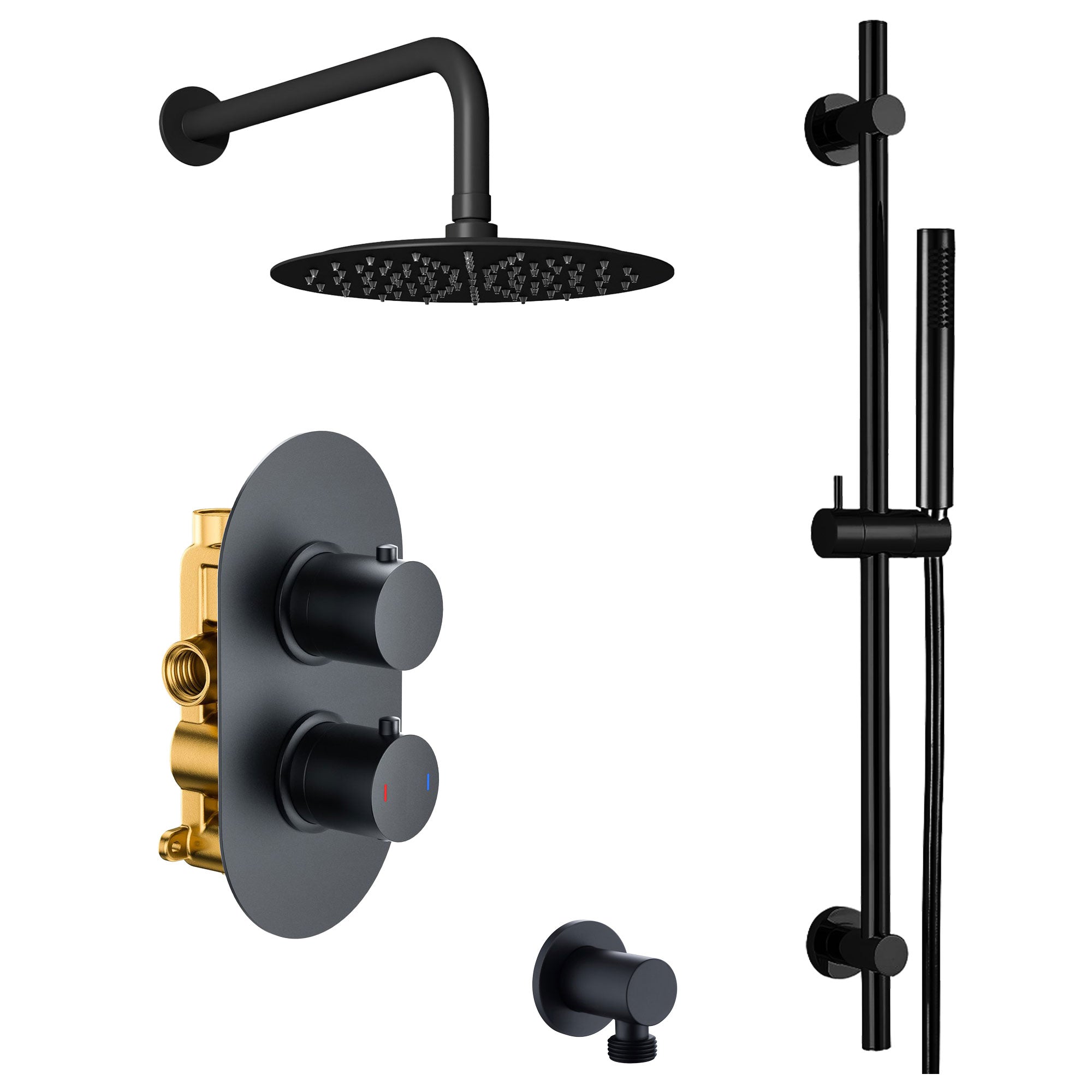 Black shower system with control valve, shower head, and handheld shower on a white background - deluxe bathrooms Ireland